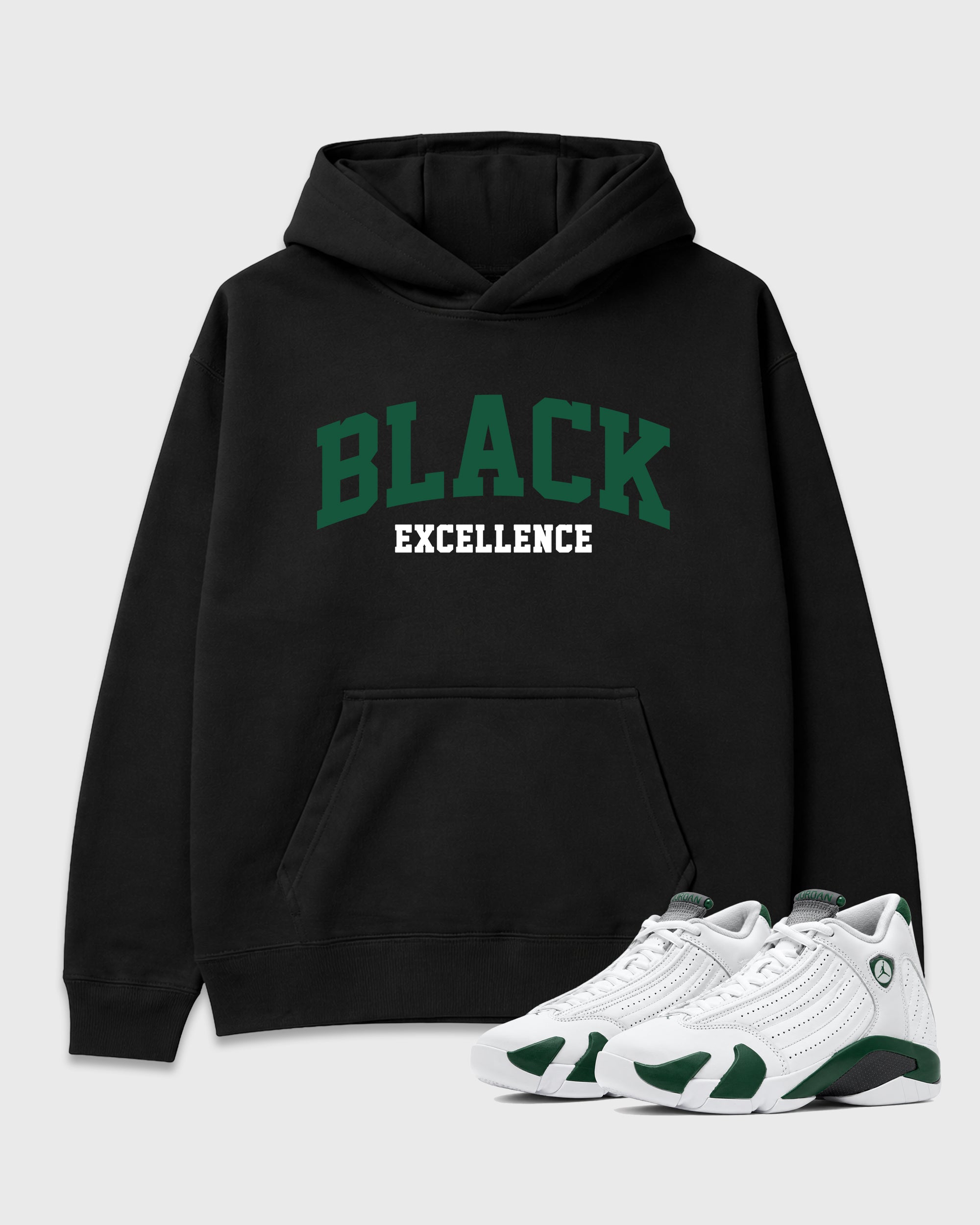 Varsity Black Excellence Graphic T-Shirt featuring original streetwear artwork designed to match the Air Jordan 14 Forest Green. Black 1 Graphic Tee.