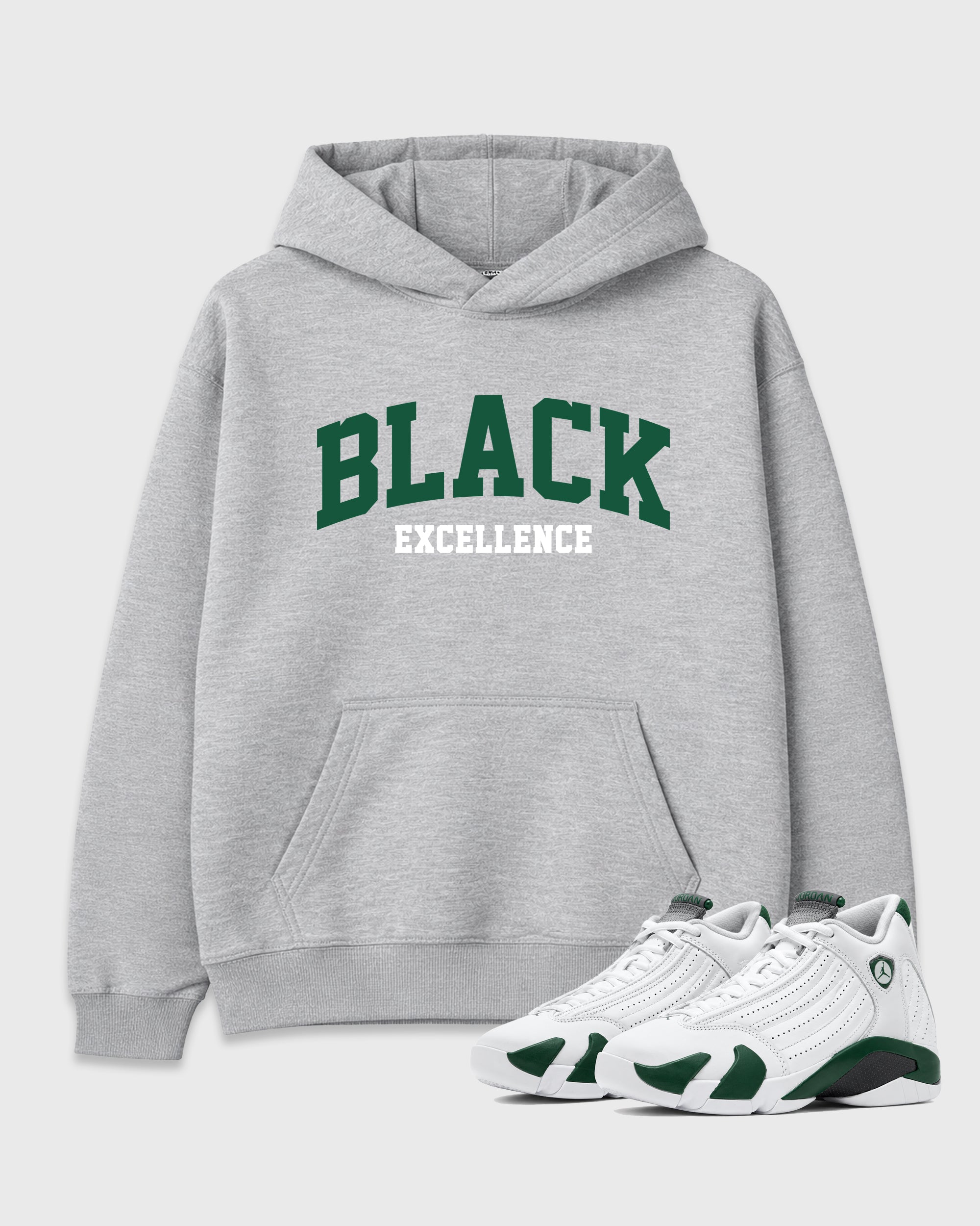 Varsity Black Excellence Graphic T-Shirt featuring original streetwear artwork designed to match the Air Jordan 14 Forest Green. Heather Grey 1 Graphic Tee.