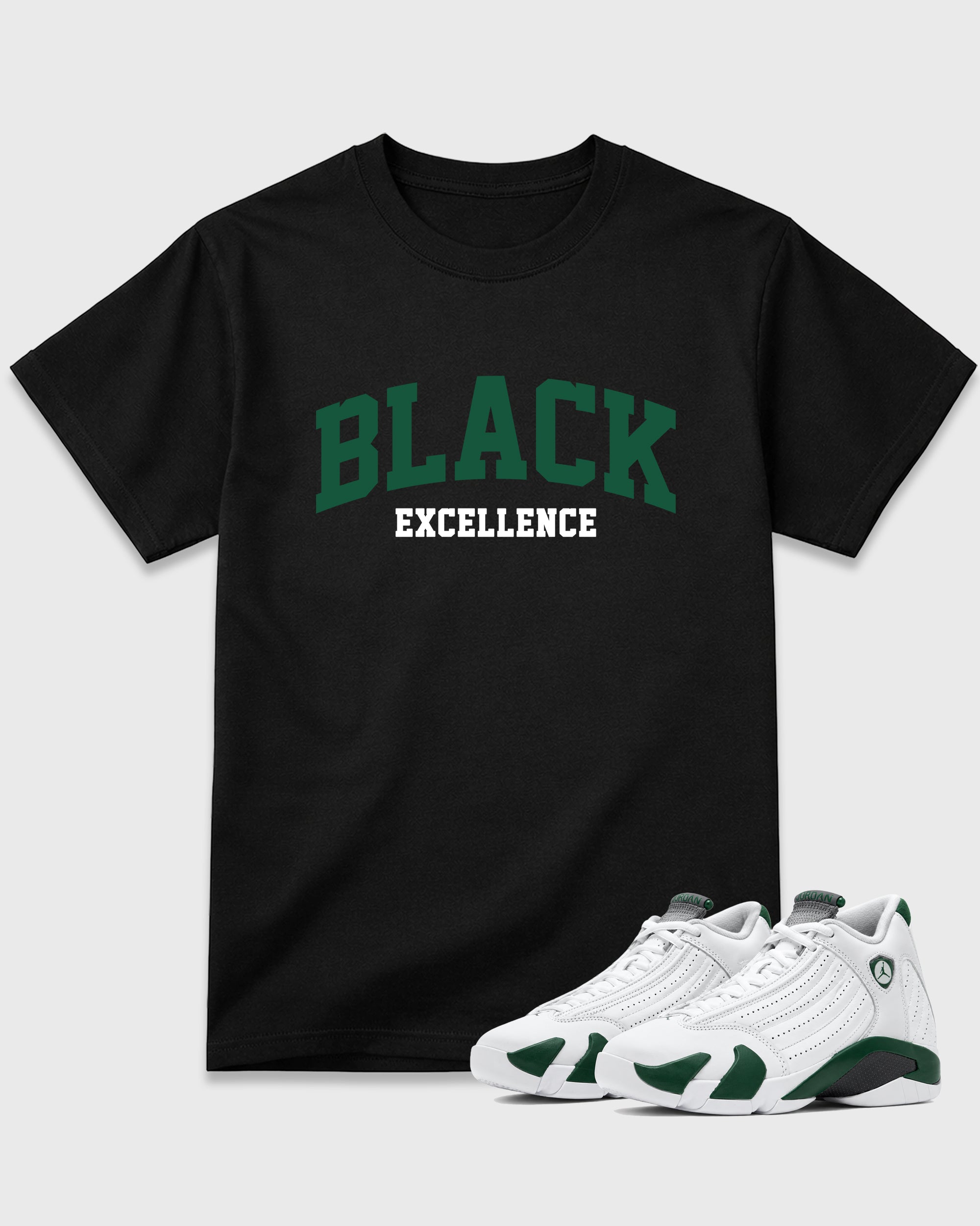 Varsity Black Excellence Graphic T-Shirt featuring original streetwear artwork designed to match the Air Jordan 14 Forest Green. Black 1 Graphic T-Shirt.