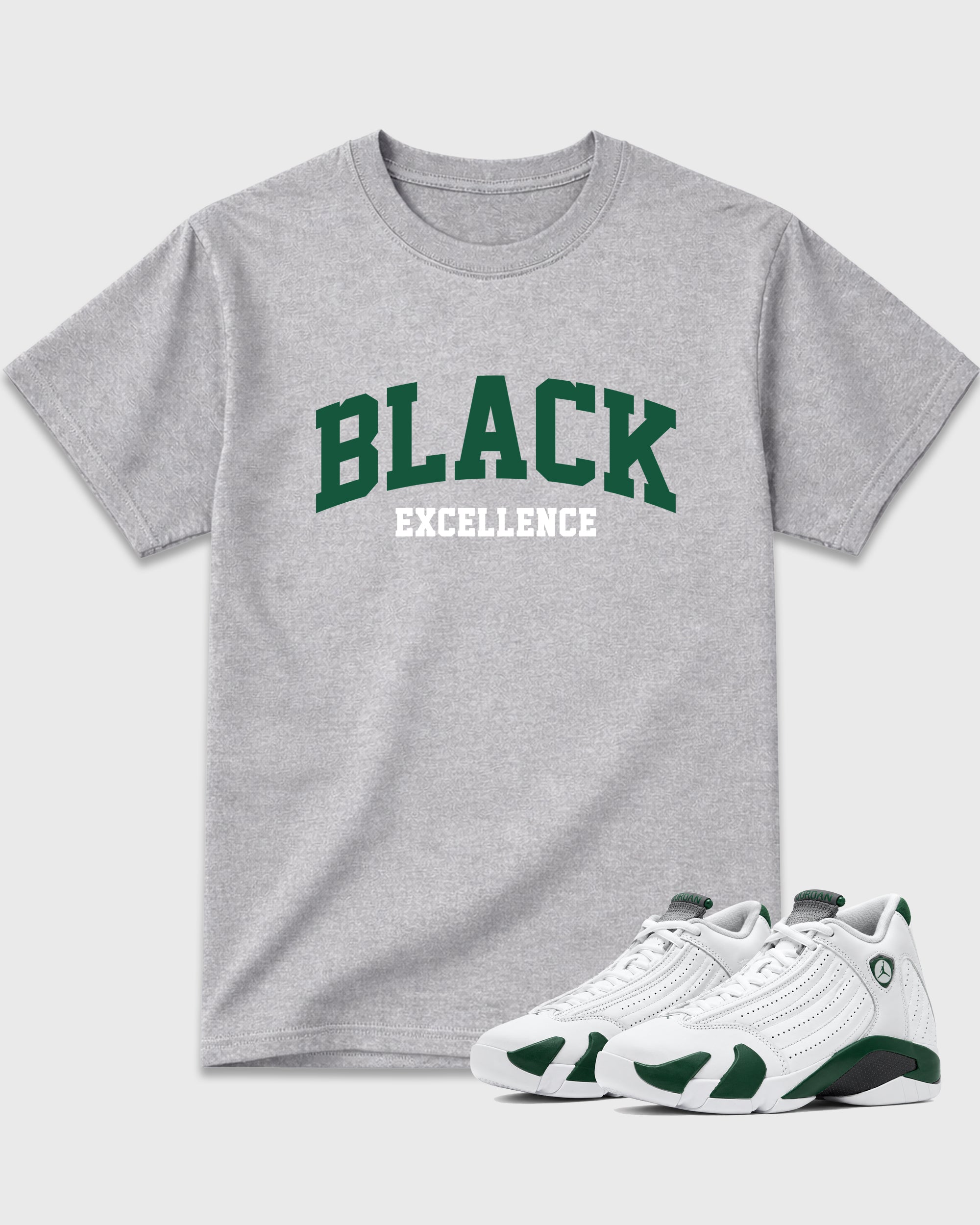 Varsity Black Excellence Graphic T-Shirt featuring original streetwear artwork designed to match the Air Jordan 14 Forest Green. Heather Grey 1 Graphic T-Shirt.