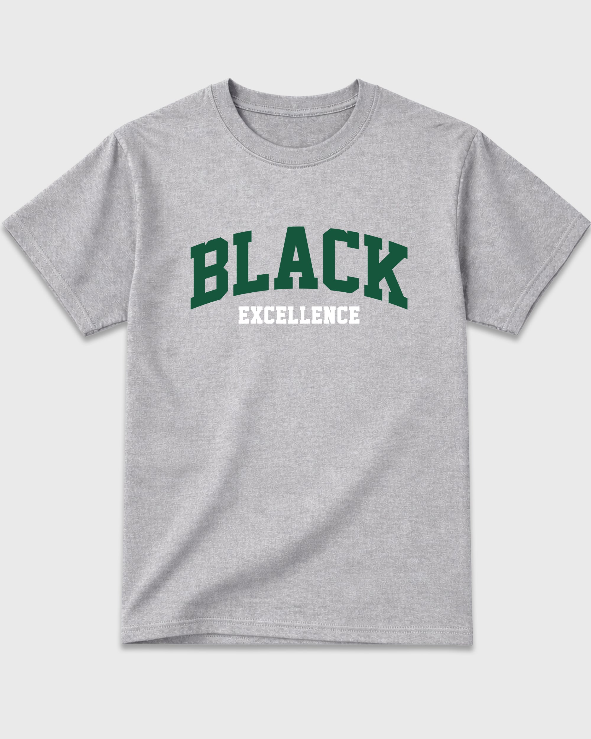 Varsity Black Excellence Graphic T-Shirt featuring original streetwear artwork designed to match the Air Jordan 14 Forest Green. Heather Grey 2 Graphic T-Shirt.