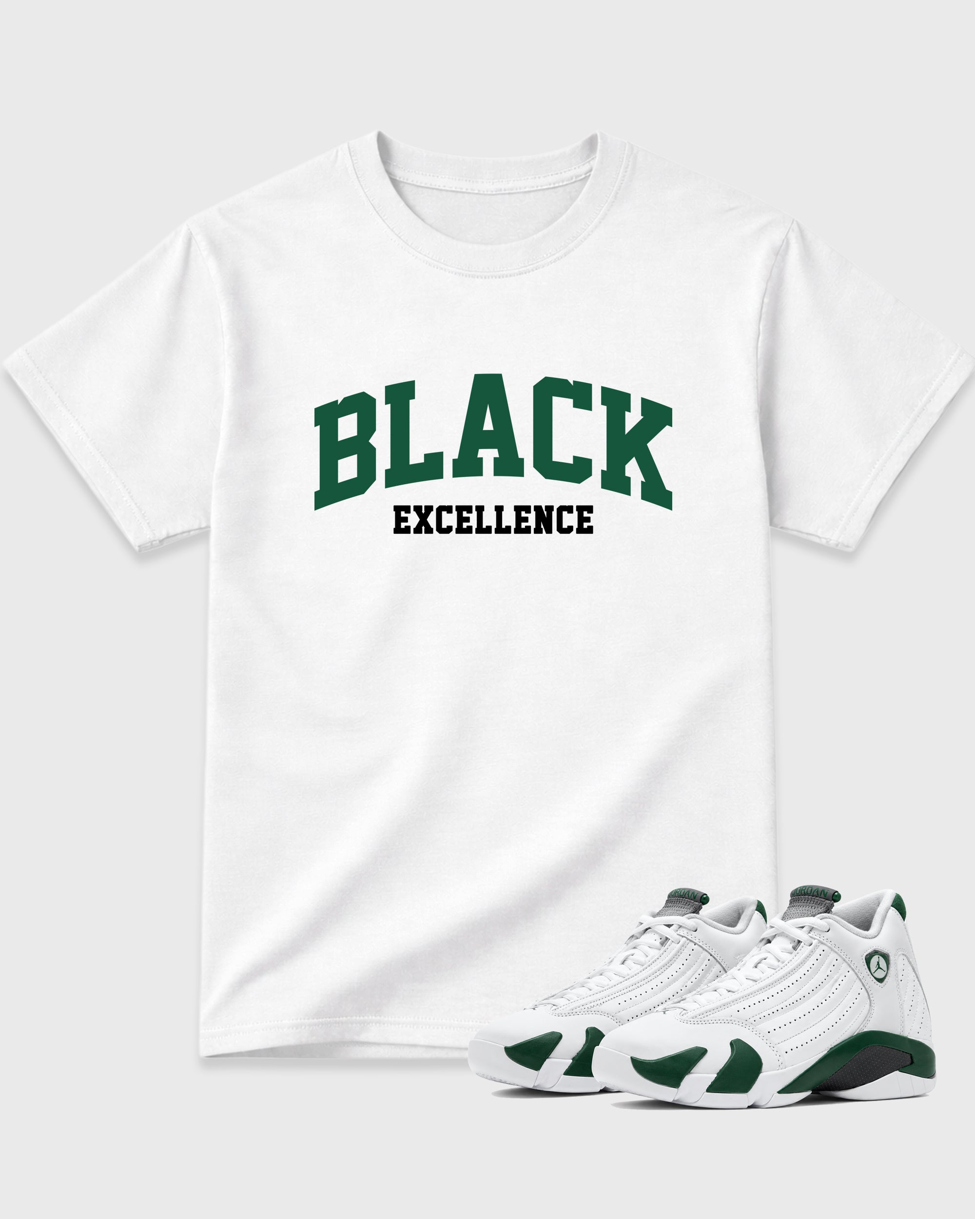 Varsity Black Excellence Graphic T-Shirt featuring original streetwear artwork designed to match the Air Jordan 14 Forest Green. White 1 Graphic T-Shirt.
