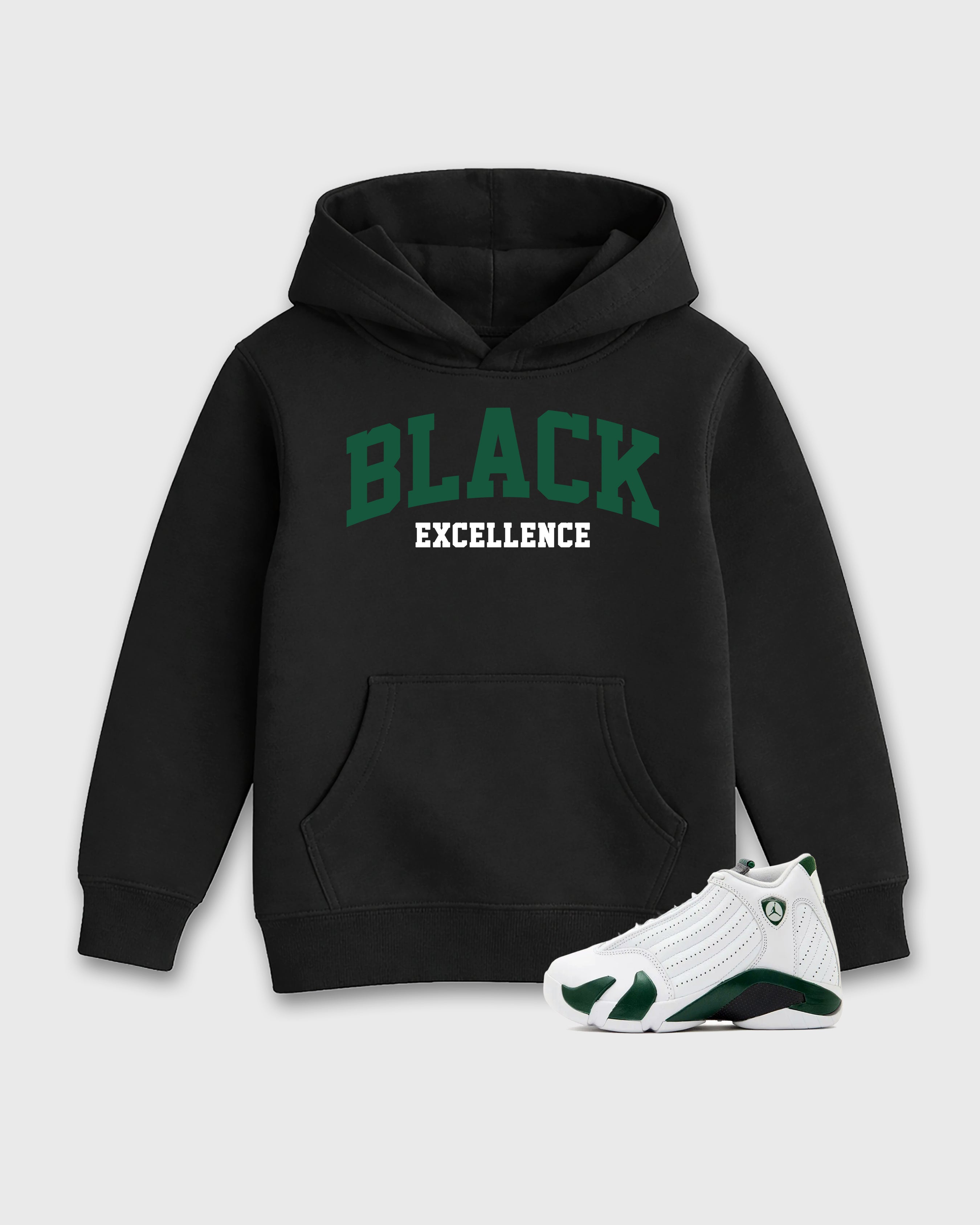 Varsity Black Excellence Baby & Kids Graphic Hoodie featuring original artwork designed to match the Air Jordan 14 Forest Green. Black 1 Kids Graphic Sweater.