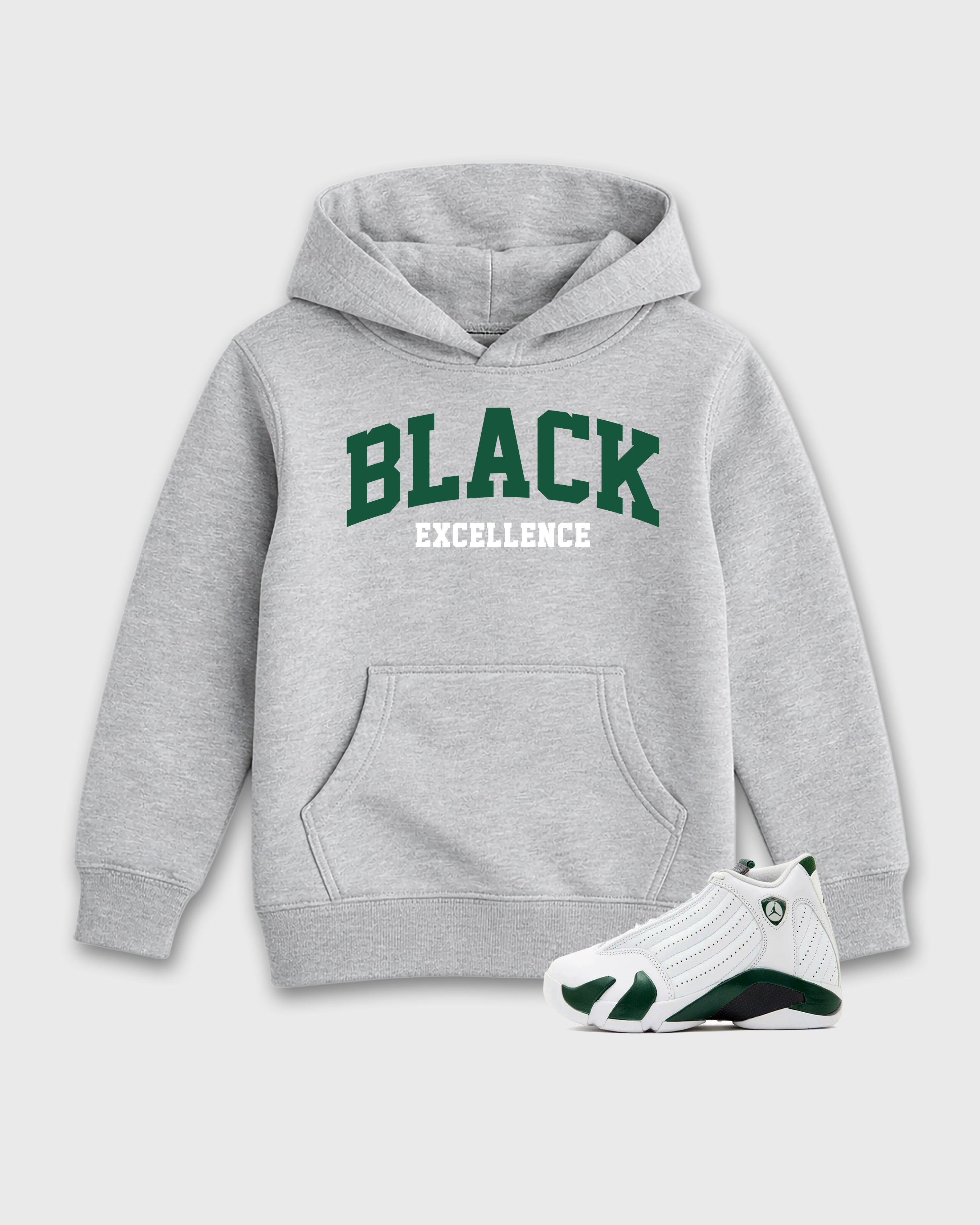 Varsity Black Excellence Baby & Kids Graphic Hoodie featuring original artwork designed to match the Air Jordan 14 Forest Green. Heather Grey 1 Kids Graphic Sweater.