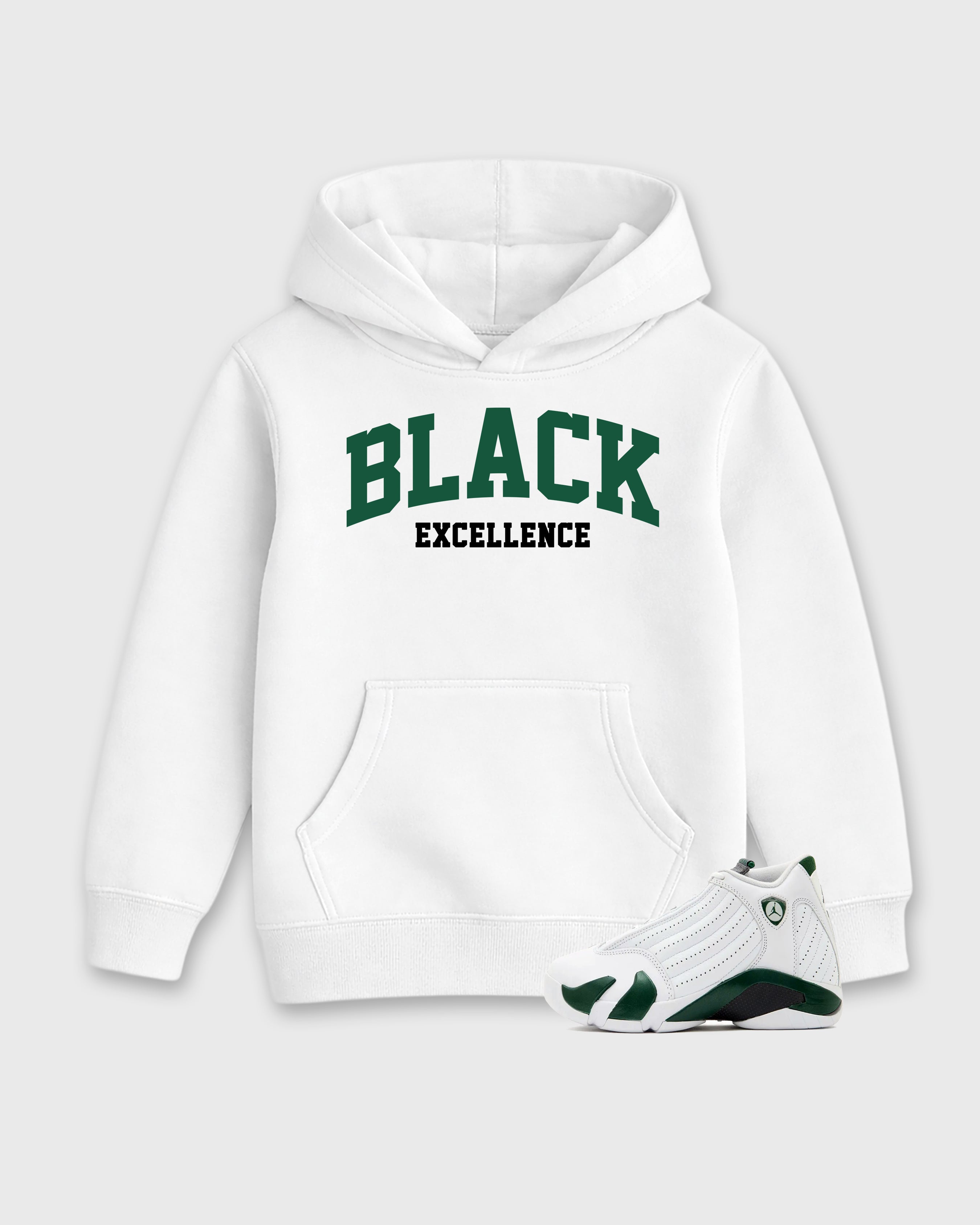 Varsity Black Excellence Baby & Kids Graphic Hoodie featuring original artwork designed to match the Air Jordan 14 Forest Green. White 1 Kids Graphic Sweater.