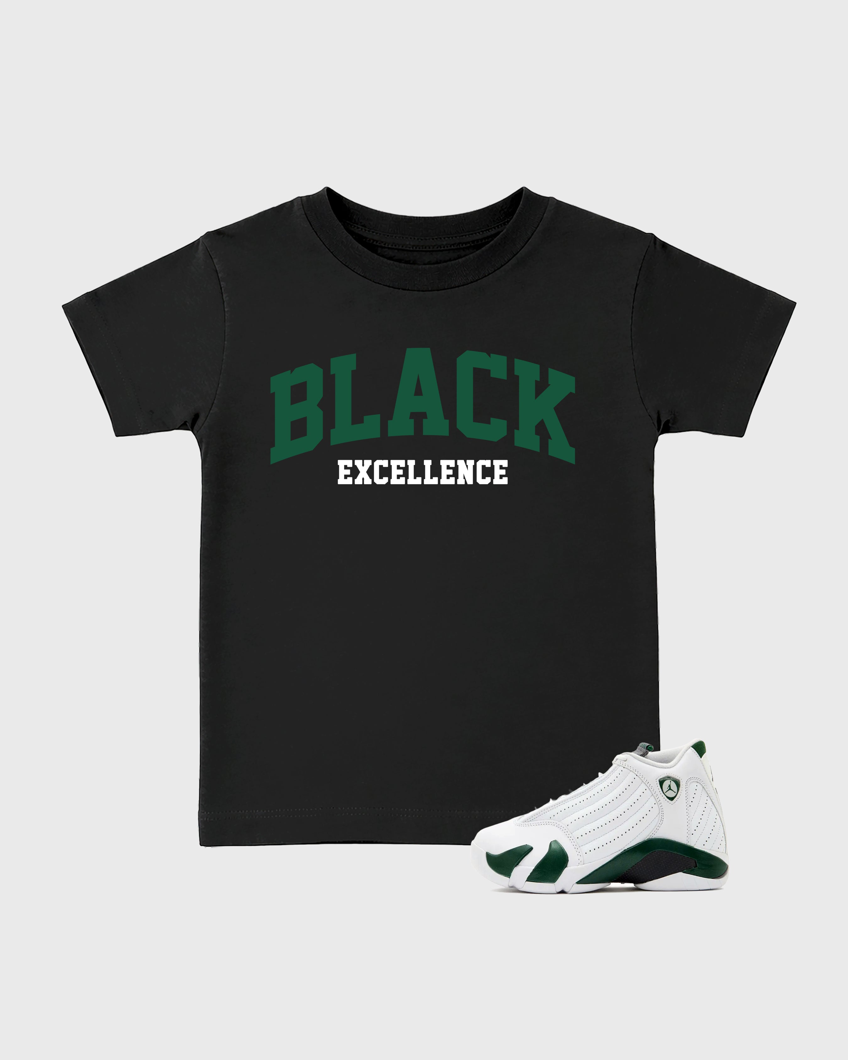 Varsity Black Excellence Baby & Kids Graphic T-Shirt featuring original artwork designed to match the Air Jordan 14 Forest Green. Black 1 Kids Graphic Tee.
