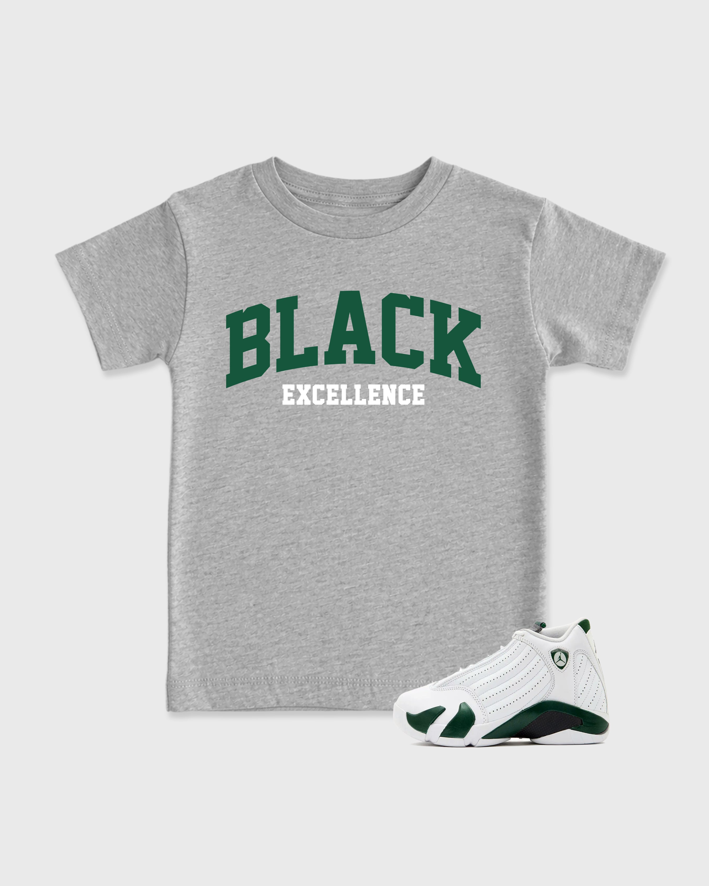 Varsity Black Excellence Baby & Kids Graphic T-Shirt featuring original artwork designed to match the Air Jordan 14 Forest Green. Heather Grey 1 Kids Graphic Tee.