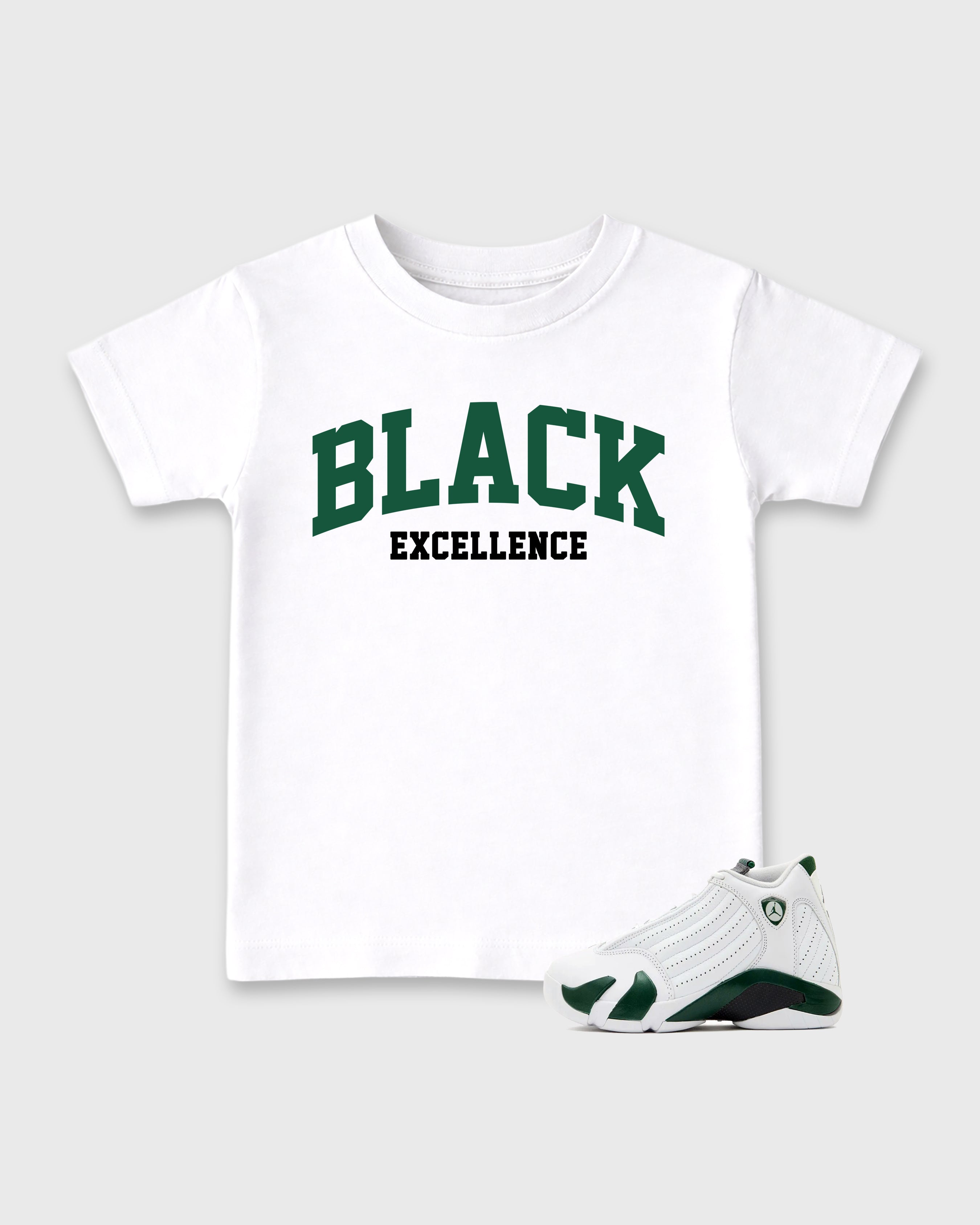 Varsity Black Excellence Baby & Kids Graphic T-Shirt featuring original artwork designed to match the Air Jordan 14 Forest Green. White 1 Kids Graphic Tee.