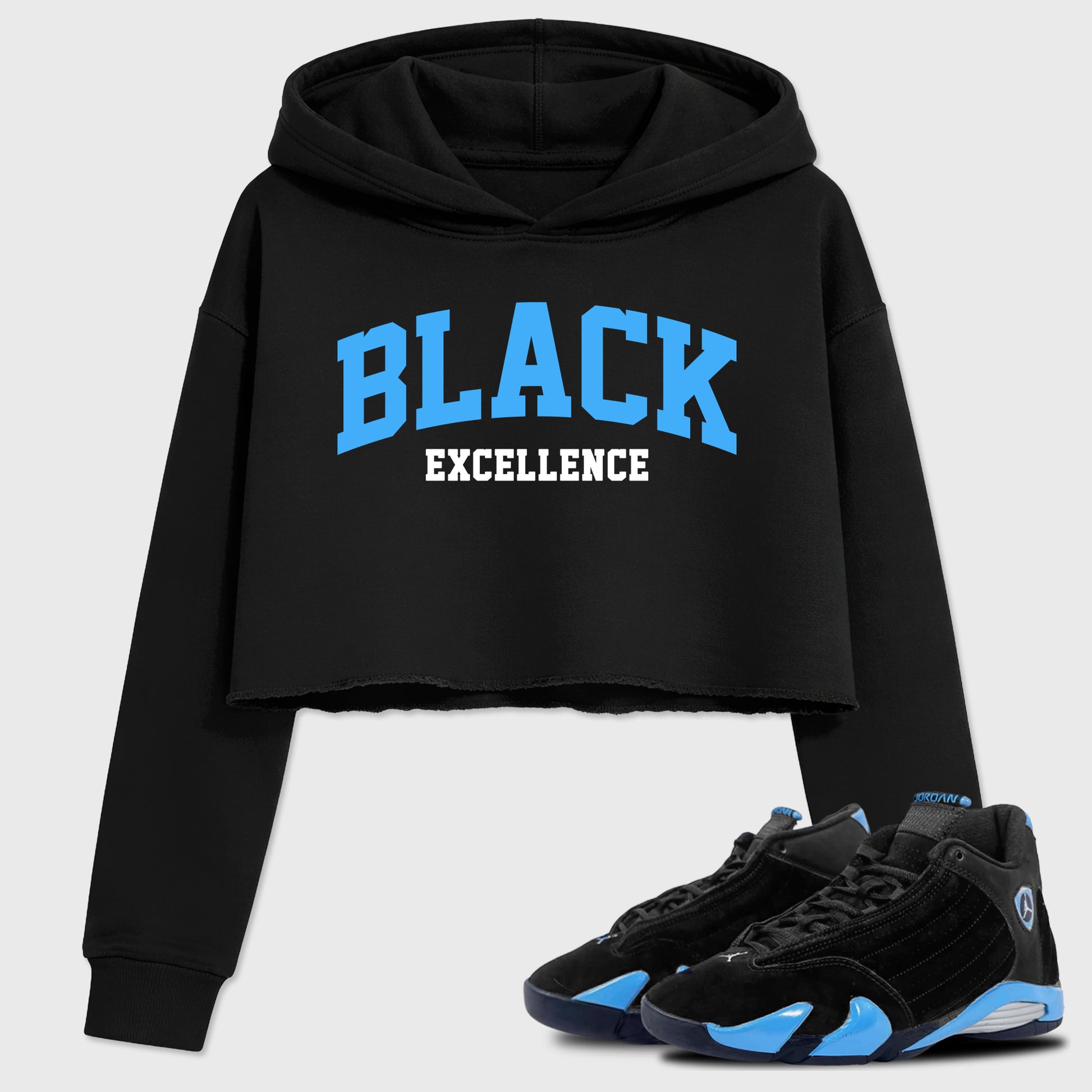 Sneaker match tees – Sneaker Tees To Match Air Jordan 14 University Blue Shoes – Varsity Black Excellence Crop T-Shirt Black 1