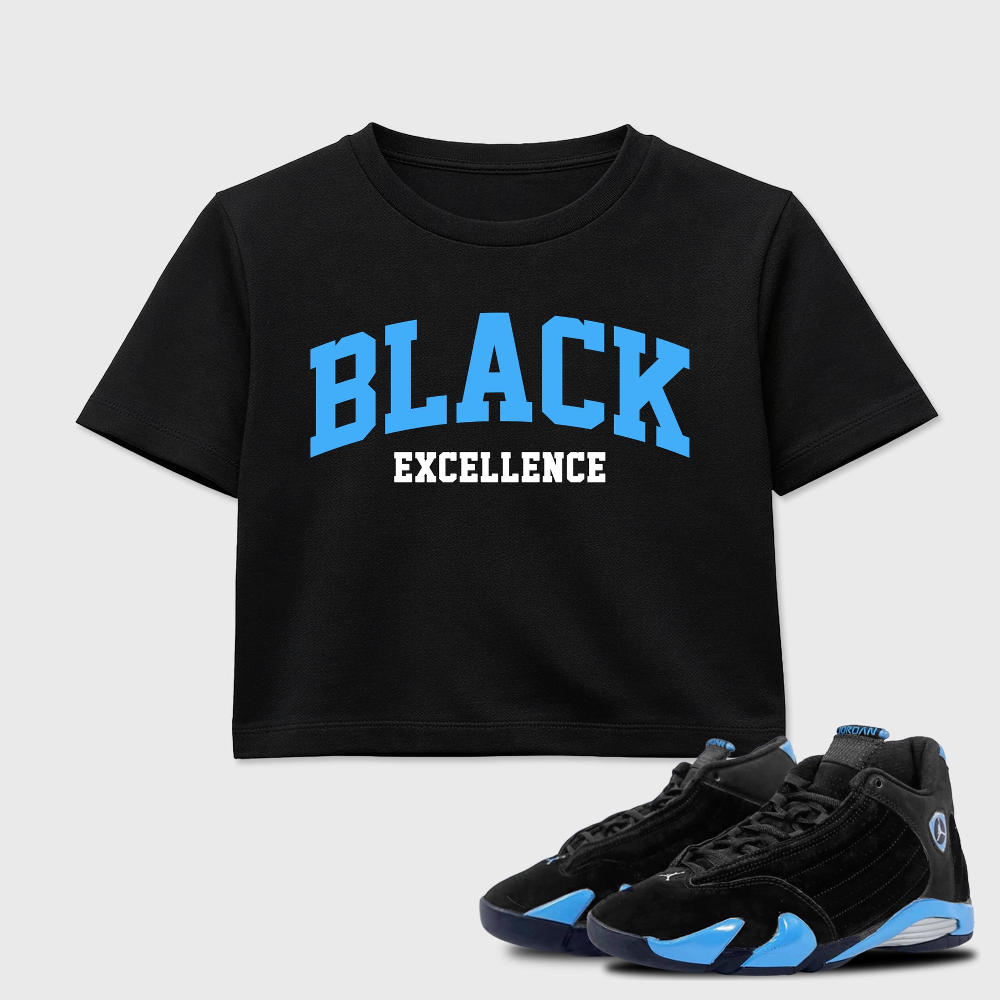 Sneaker match tees – Sneaker Tees To Match Air Jordan 14 University Blue Shoes – Varsity Black Excellence Crop T-Shirt Black 1