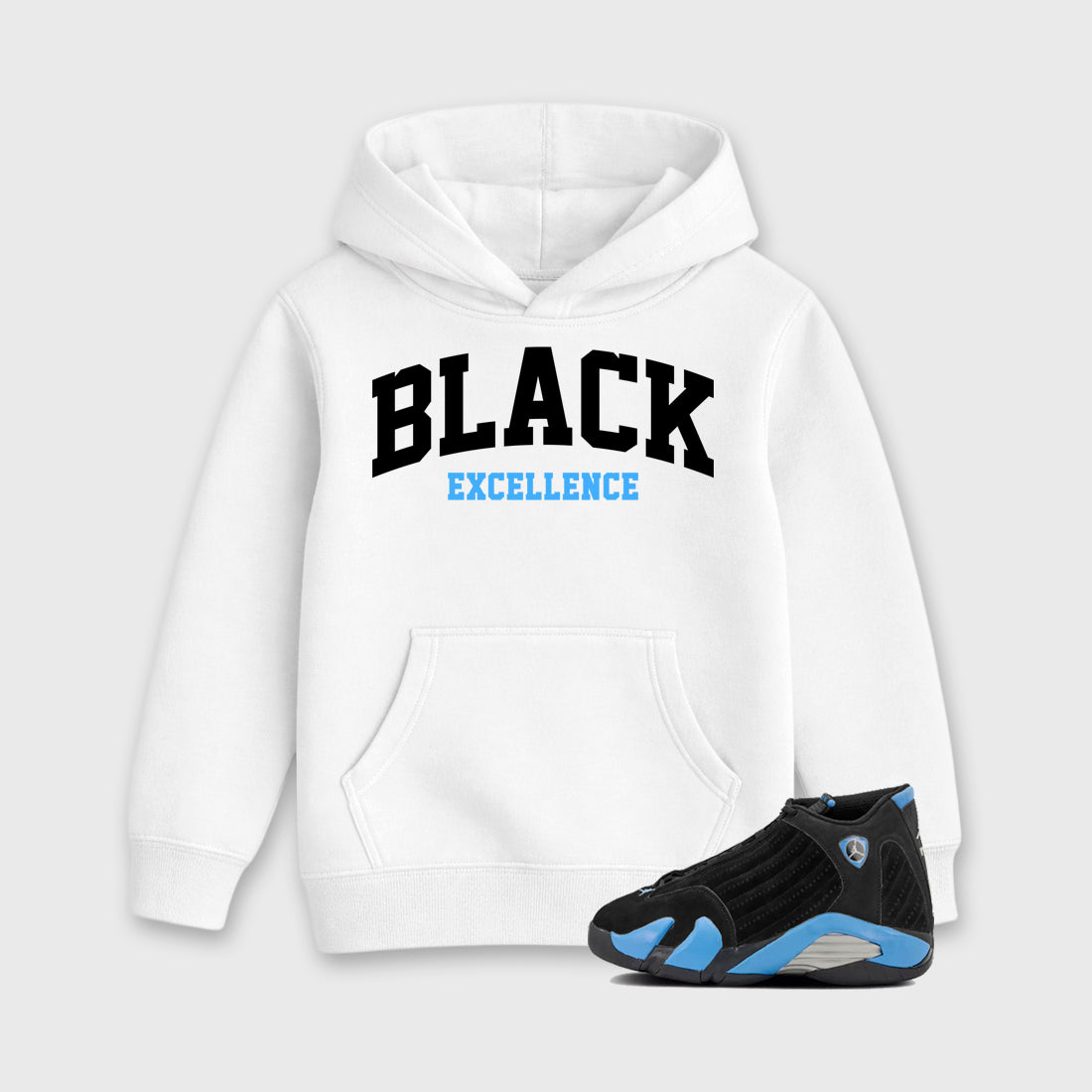 Sneaker match tees – Sneaker Tees To Match Air Jordan 14 University Blue Shoes – Varsity Black Excellence Kids T-Shirt White 1
