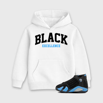 Sneaker match tees – Sneaker Tees To Match Air Jordan 14 University Blue Shoes – Varsity Black Excellence Kids T-Shirt White 1