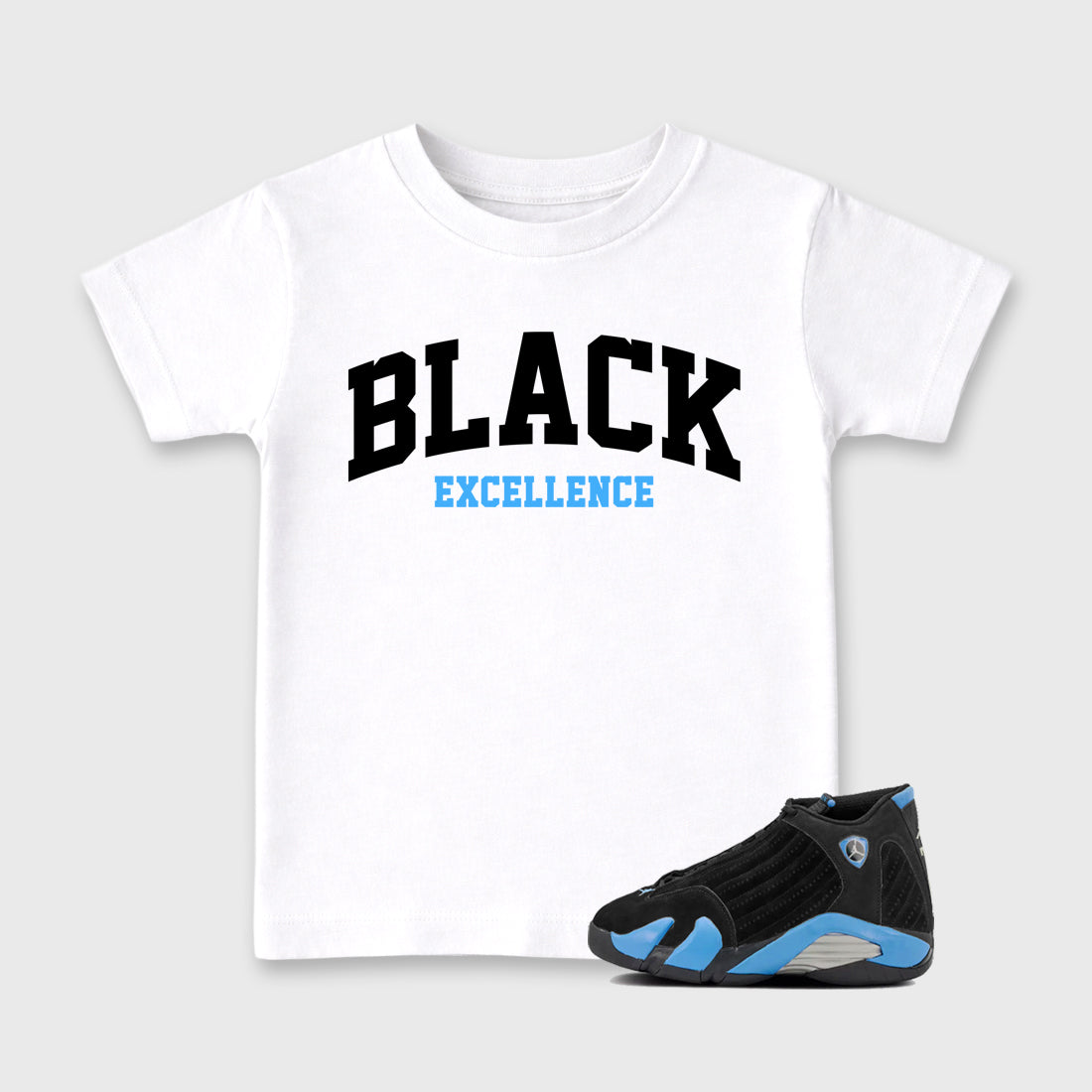 Sneaker match tees – Sneaker Tees To Match Air Jordan 14 University Blue Shoes – Varsity Black Excellence Kids T-Shirt White 1