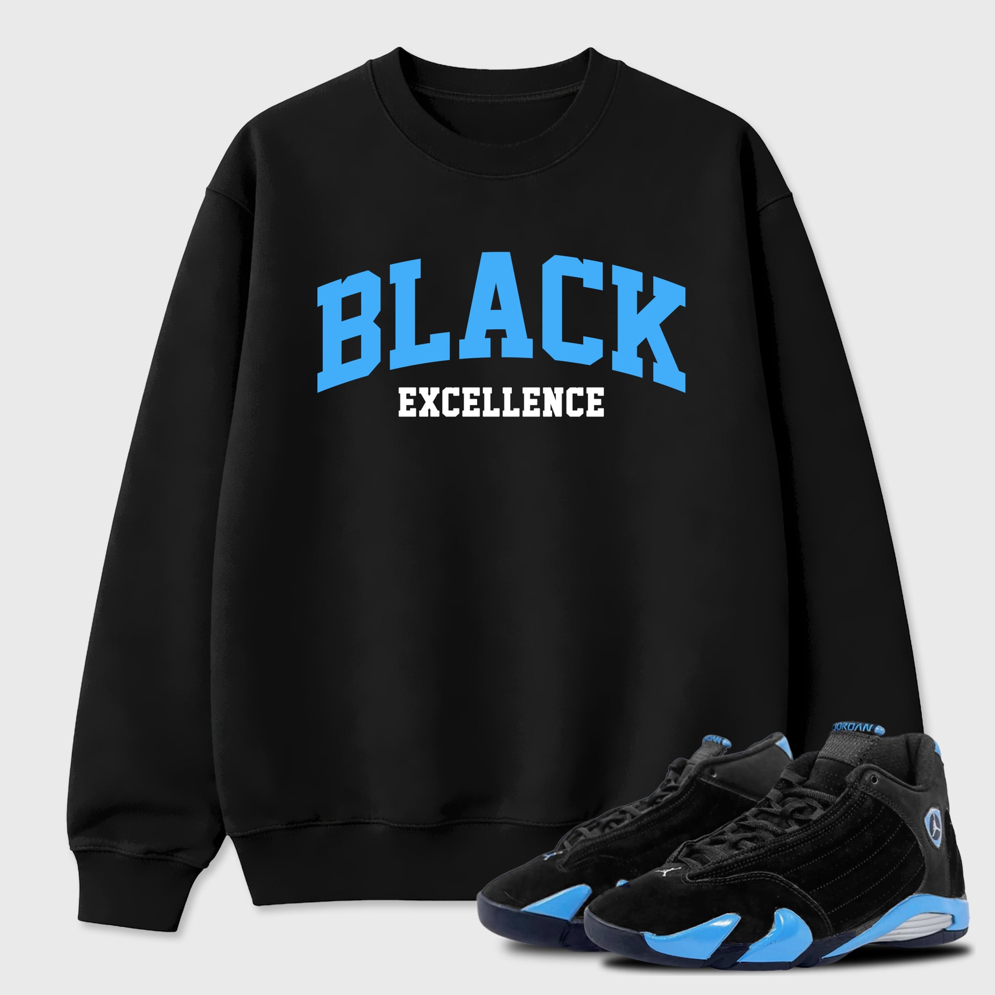 Sneaker match tees – Sneaker Tees To Match Air Jordan 14 University Blue Shoes – Varsity Black Excellence Tee Black 1