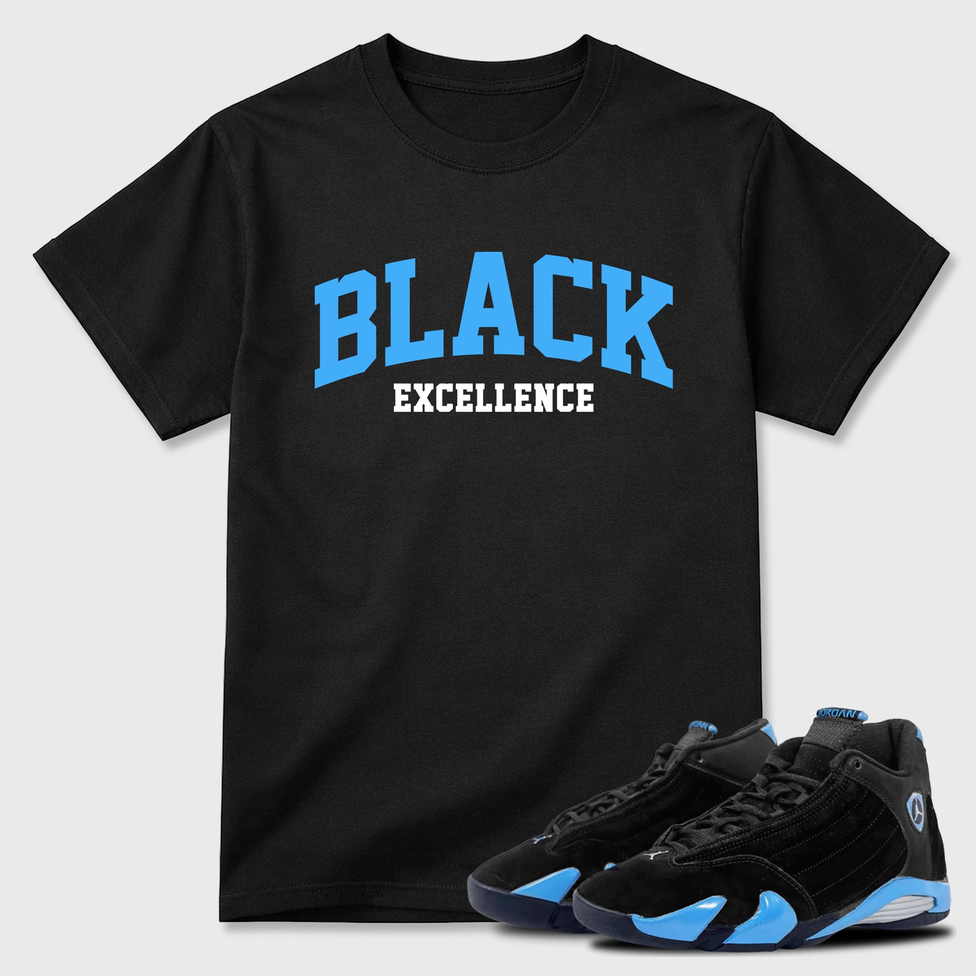 Sneaker match tees – Sneaker Tees To Match Air Jordan 14 University Blue Shoes – Varsity Black Excellence Tee Black 1