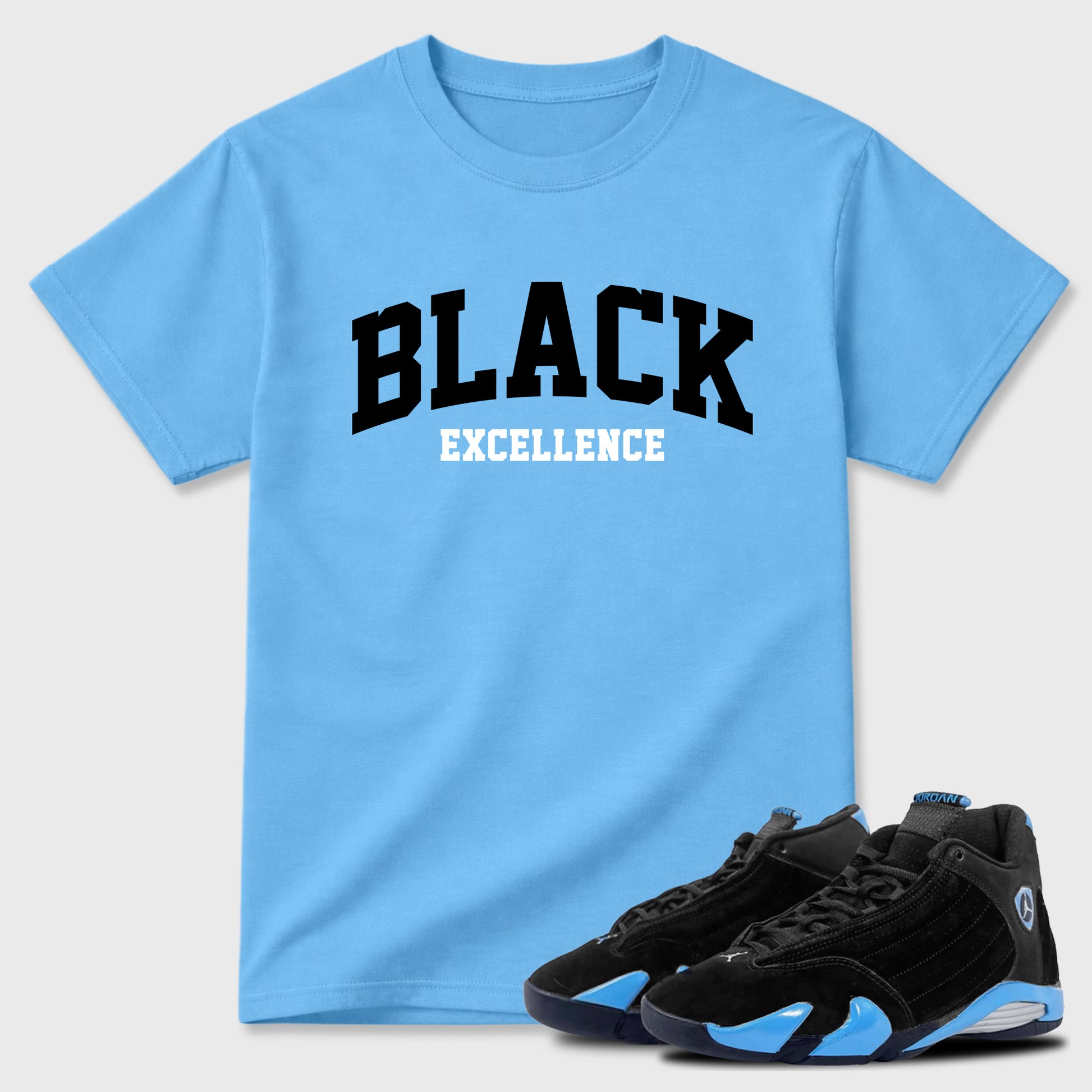 Sneaker match tees – Sneaker Tees To Match Air Jordan 14 University Blue Shoes – Varsity Black Excellence Tee Carolina Blue 1
