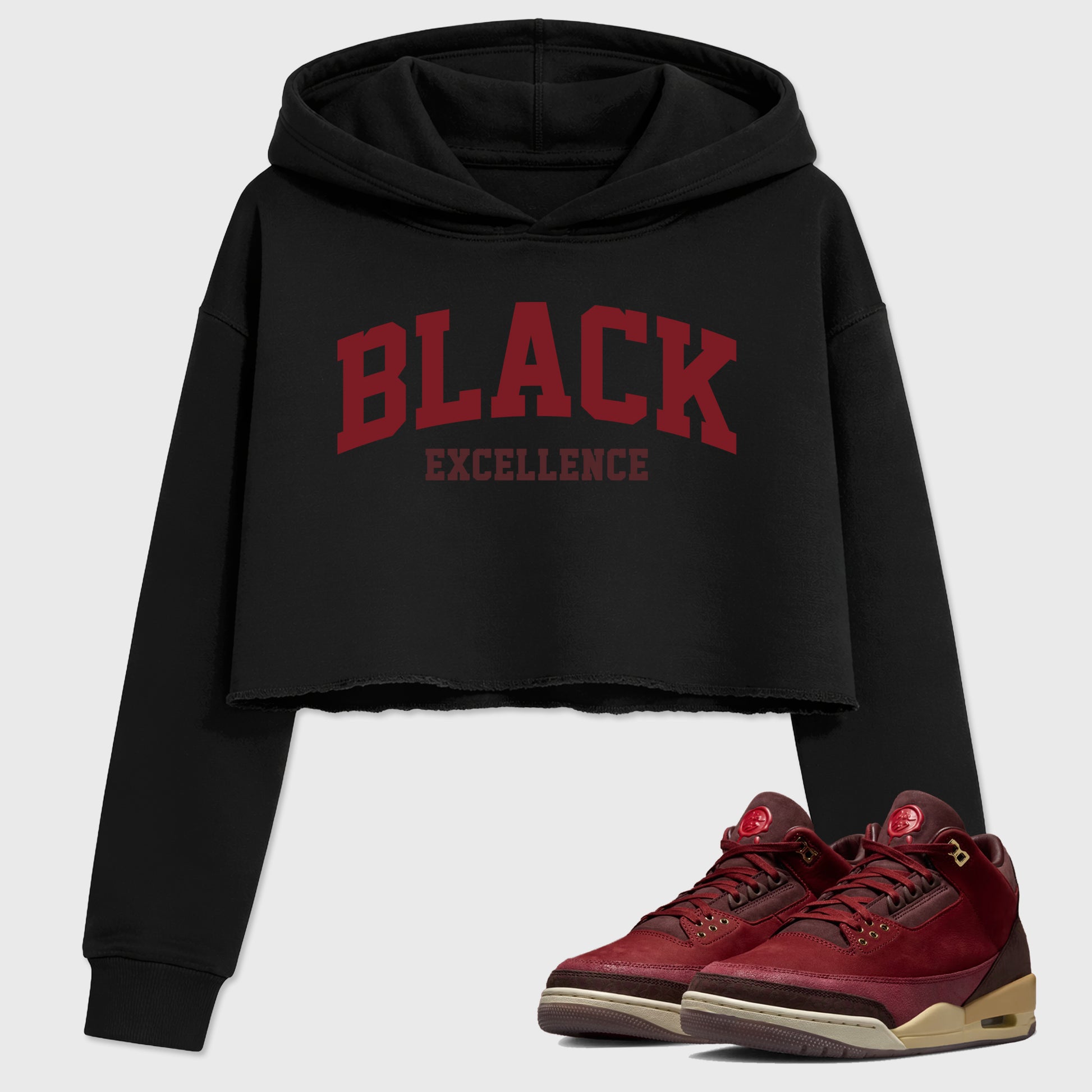 Varsity Black Excellence women’s crop tee designed to match the Air Jordan 3 Bin 23, featuring coordinated Black 1 options for a perfect streetwear vibe.
