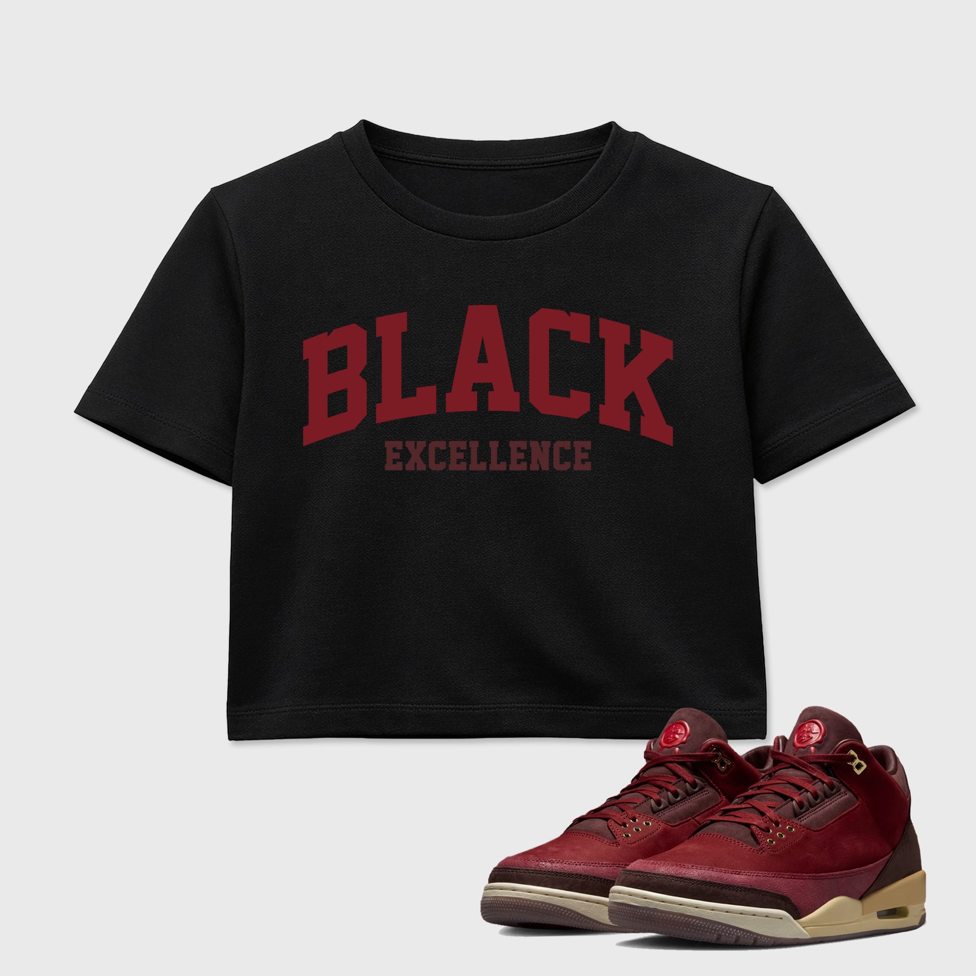 Varsity Black Excellence women’s crop tee designed to match the Air Jordan 3 Bin 23, featuring coordinated Black 1 options for a perfect streetwear vibe.