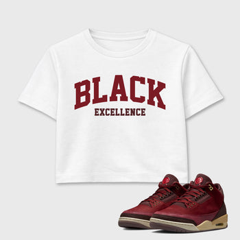 Varsity Black Excellence women’s crop tee designed to match the Air Jordan 3 Bin 23, featuring coordinated White 1 options for a perfect streetwear vibe.