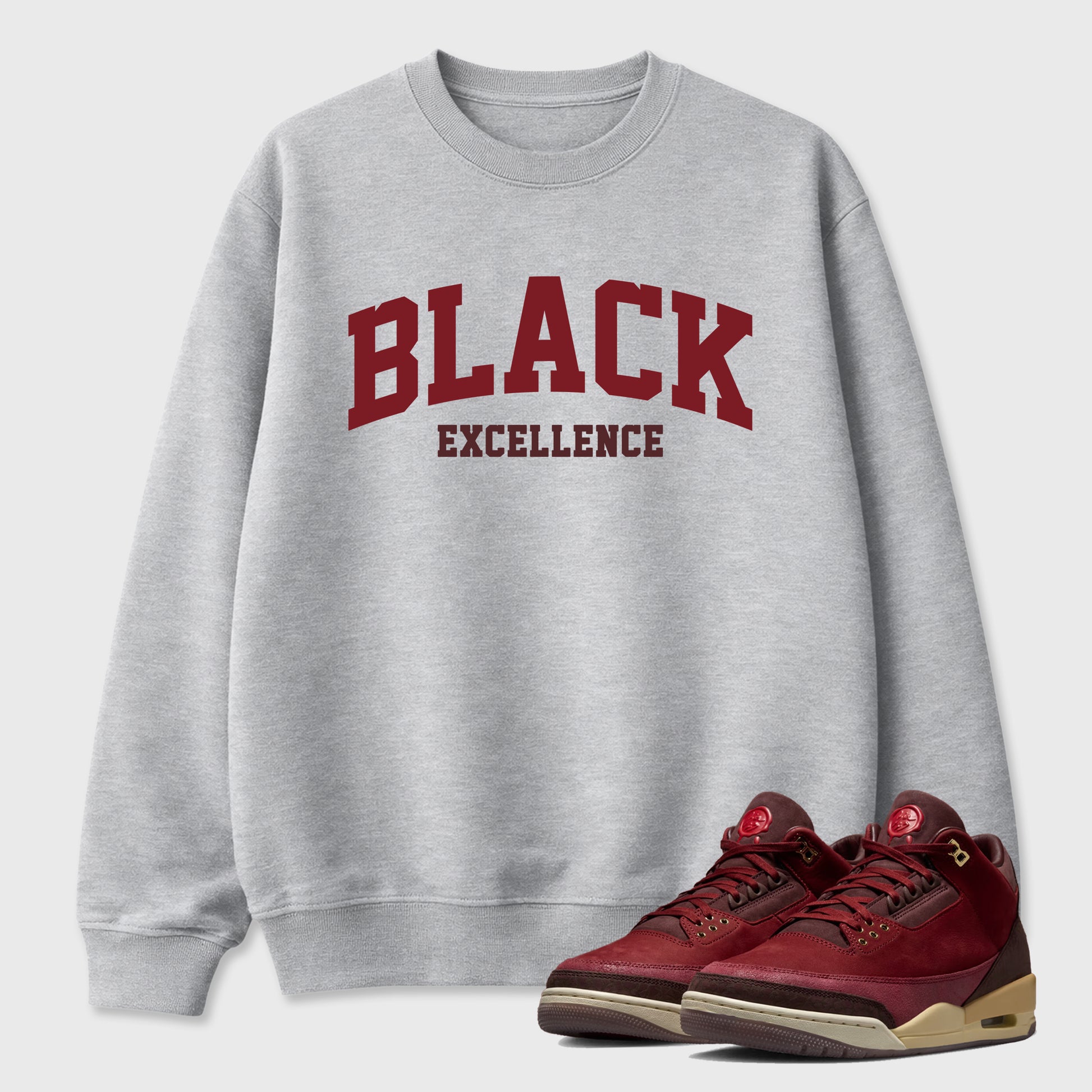 Varsity Black Excellence Graphic T-Shirt sneaker match tee designed for the Air Jordan 3 Bin 23, featuring coordinated color options for a perfect streetwear match. Heather Grey 1 shirt.
