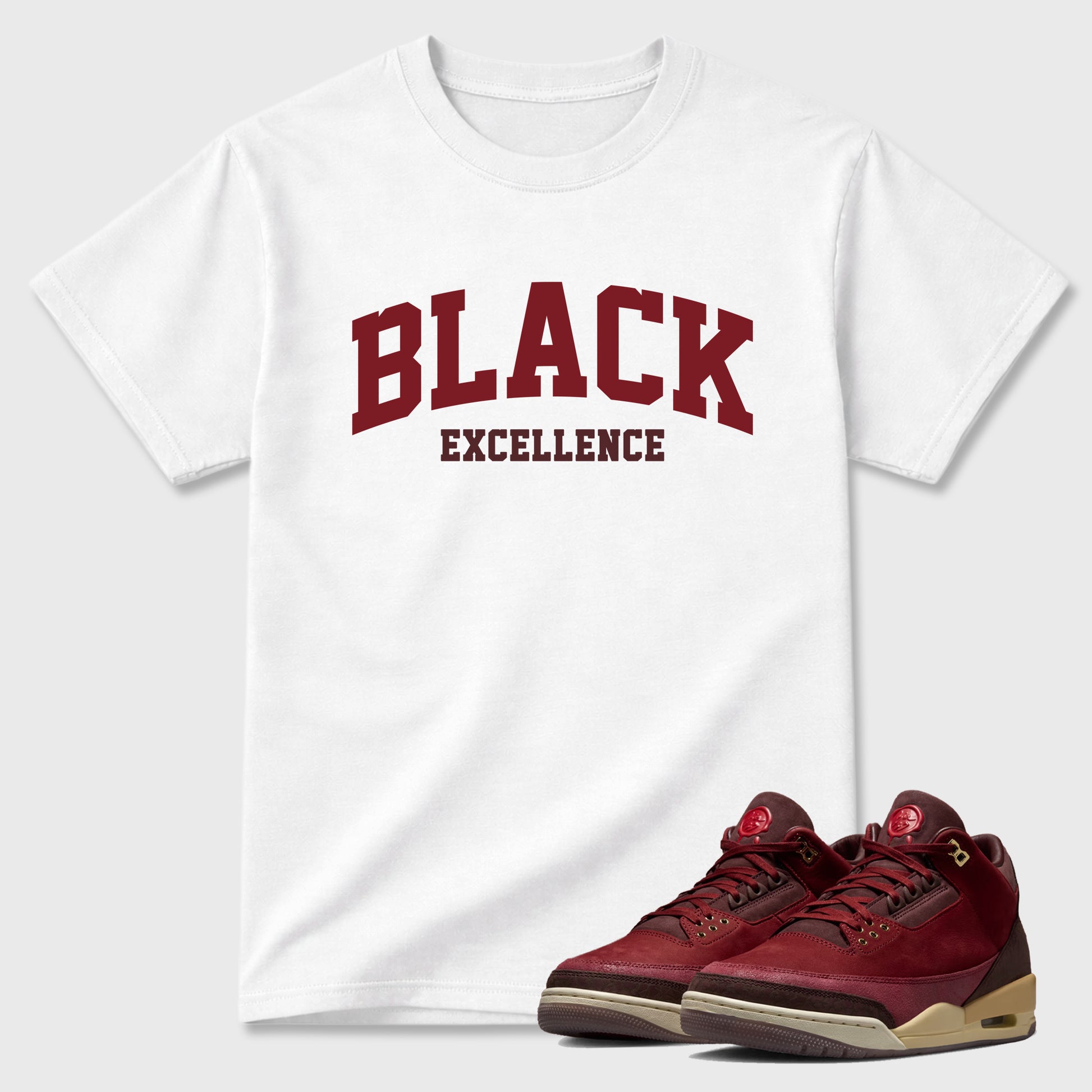 Varsity Black Excellence Graphic T-Shirt sneaker match tee designed for the Air Jordan 3 Bin 23, featuring coordinated color options for a perfect streetwear match. White 1 shirt.