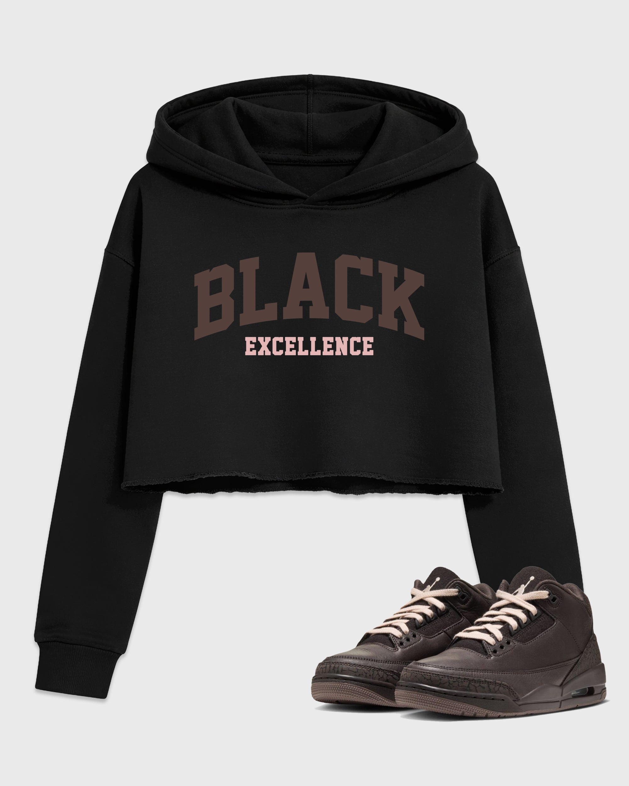 Varsity Black Excellence Women’s Graphic Crop Tee featuring original streetwear artwork designed to match the Air Jordan 3 Fireside. Black 1 Crop Tee.