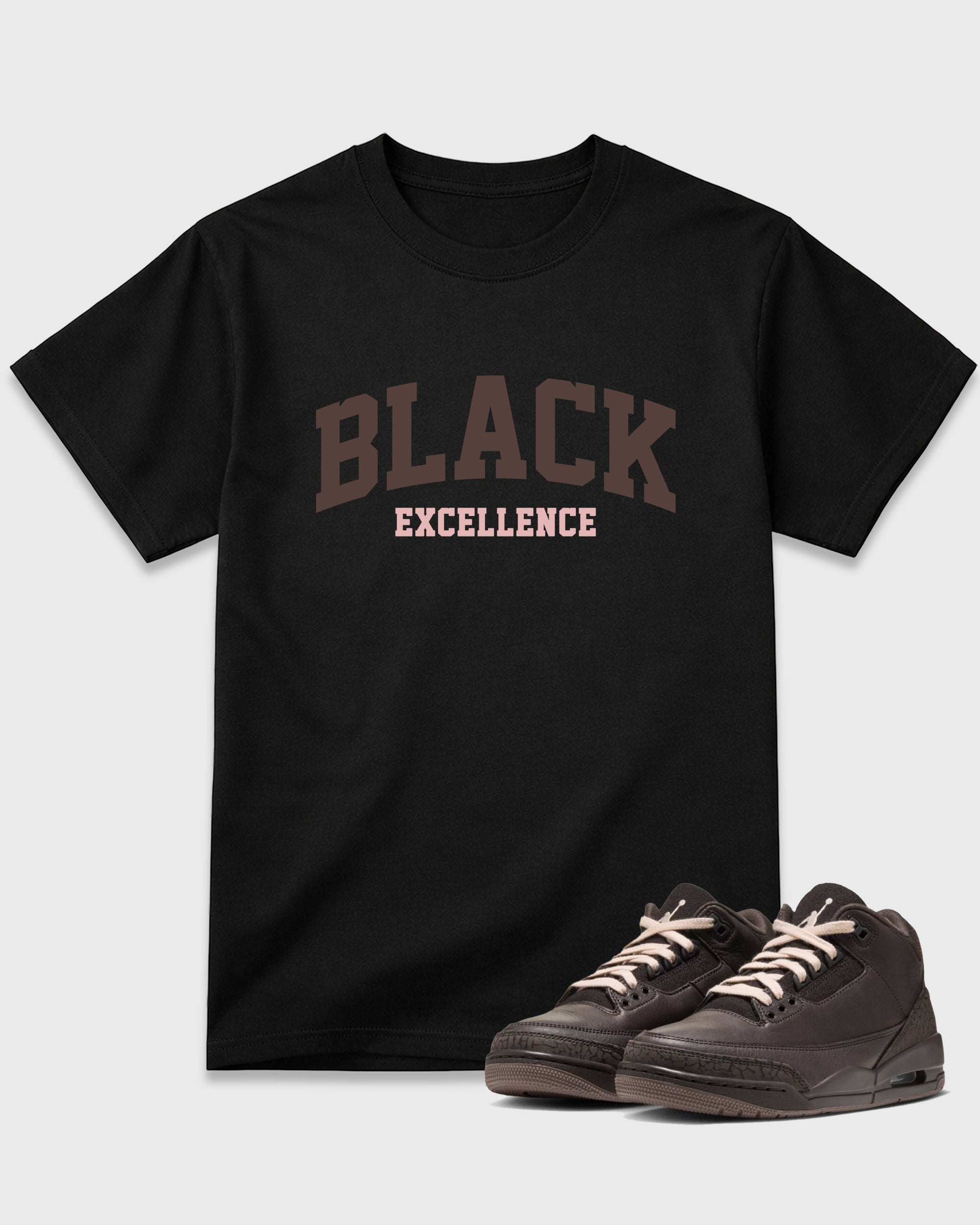Varsity Black Excellence Graphic T-Shirt featuring original streetwear artwork designed to match the Air Jordan 3 Fireside. Black 1 Graphic T-Shirt.