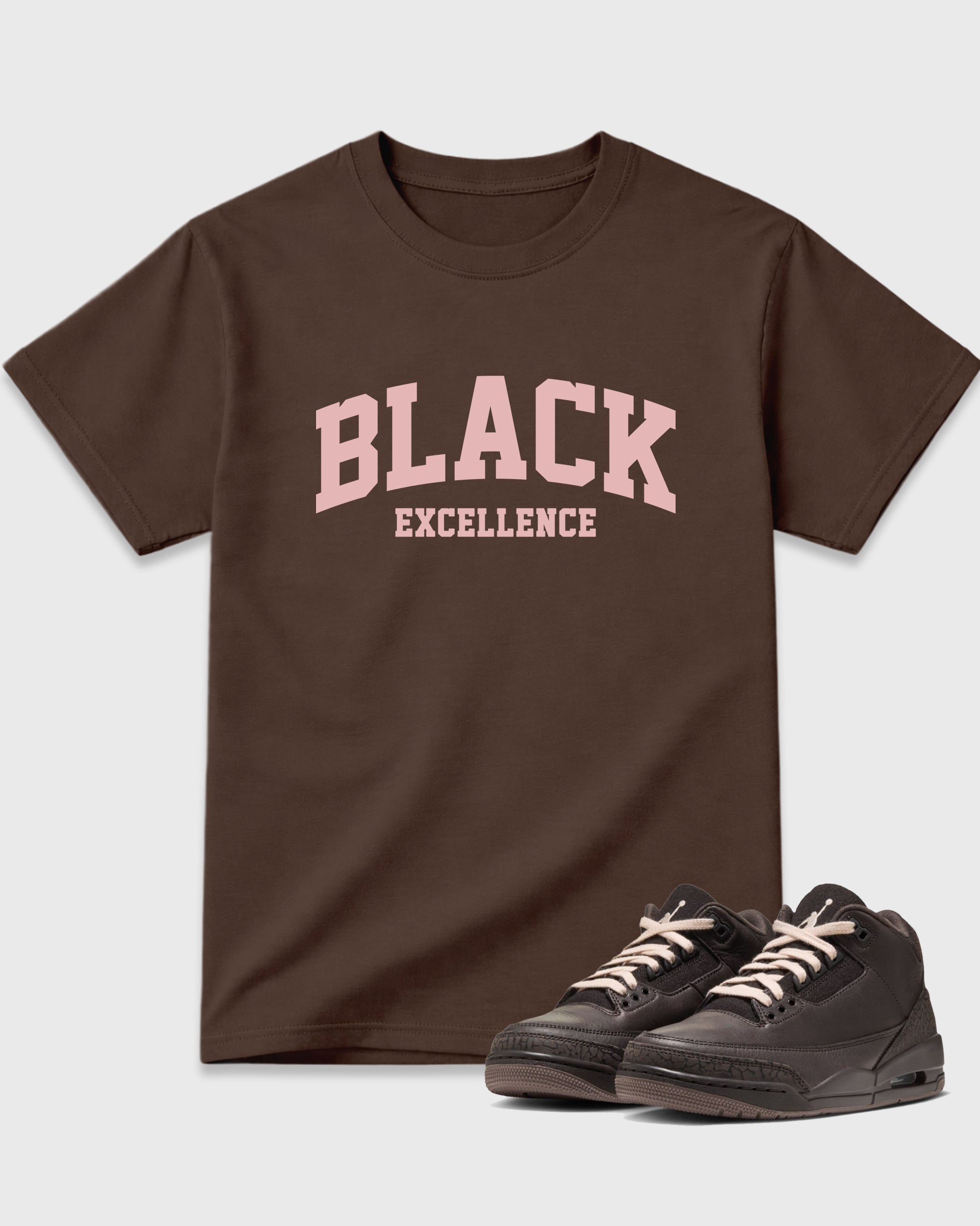 Varsity Black Excellence Graphic T-Shirt featuring original streetwear artwork designed to match the Air Jordan 3 Fireside. Dark Chocolate 1 Graphic T-Shirt.