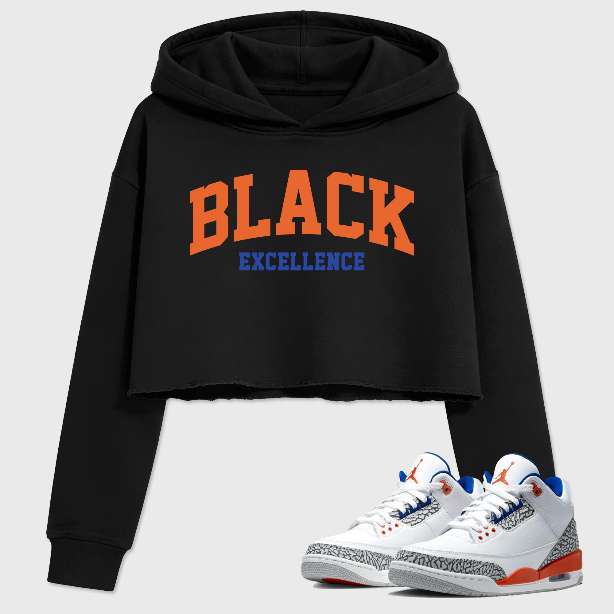 Varsity Black Excellence women’s crop tee designed to match the Air Jordan 3 Knicks, featuring coordinated Black 1 options for a perfect streetwear vibe.