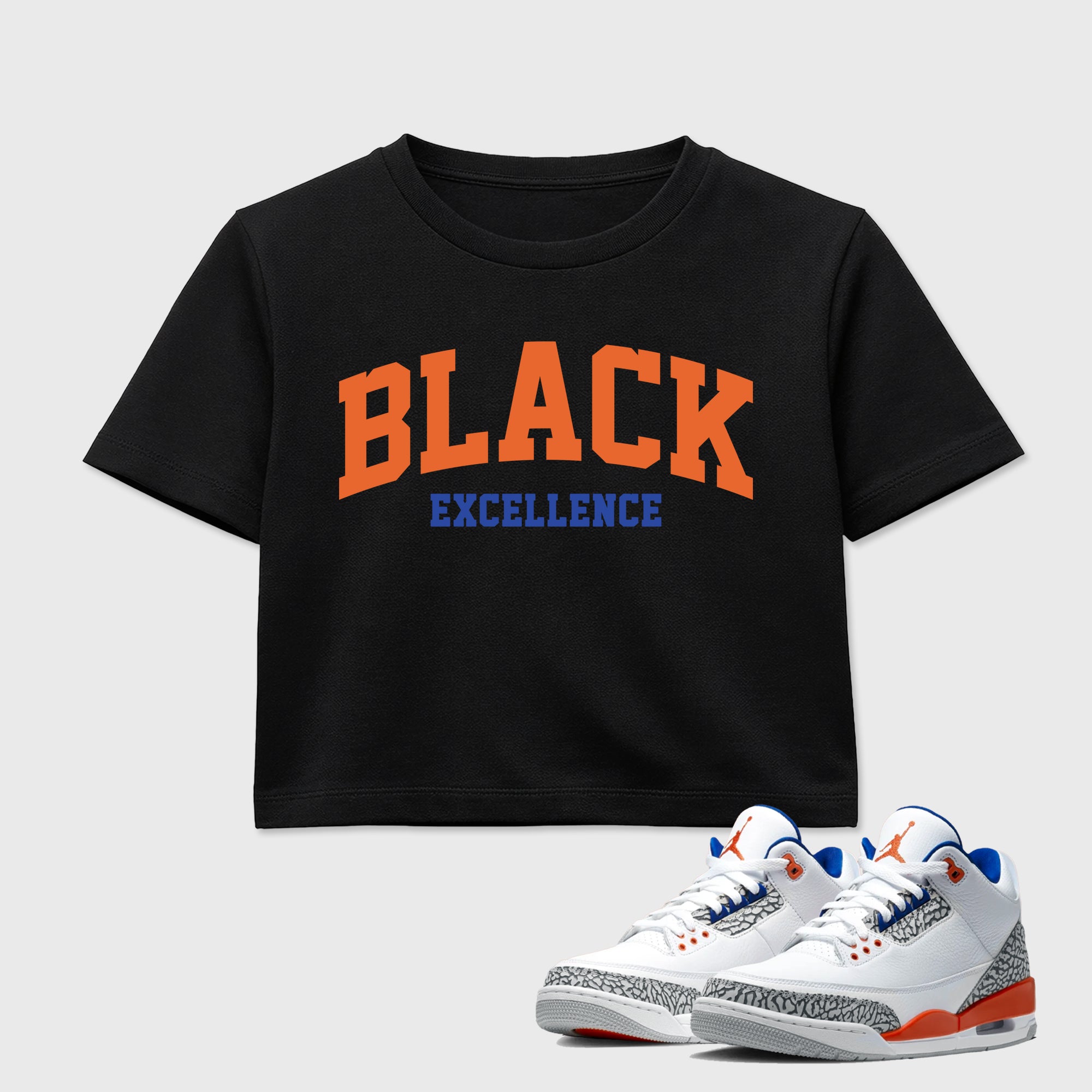 Varsity Black Excellence women’s crop tee designed to match the Air Jordan 3 Knicks, featuring coordinated Black 1 options for a perfect streetwear vibe.