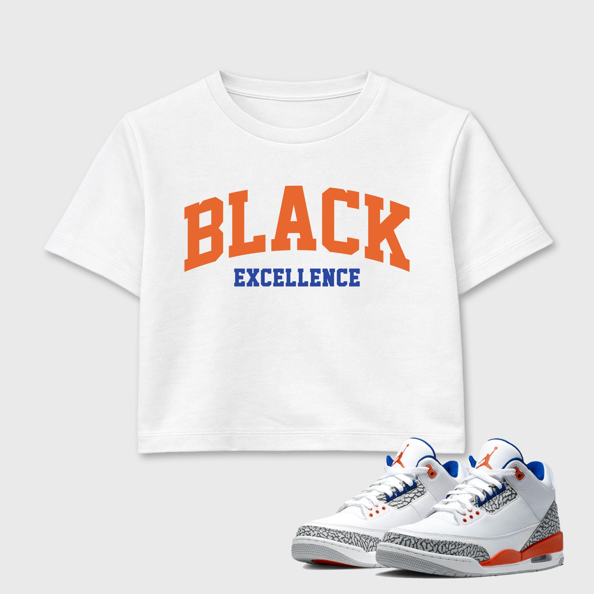 Varsity Black Excellence women’s crop tee designed to match the Air Jordan 3 Knicks, featuring coordinated White 1 options for a perfect streetwear vibe.