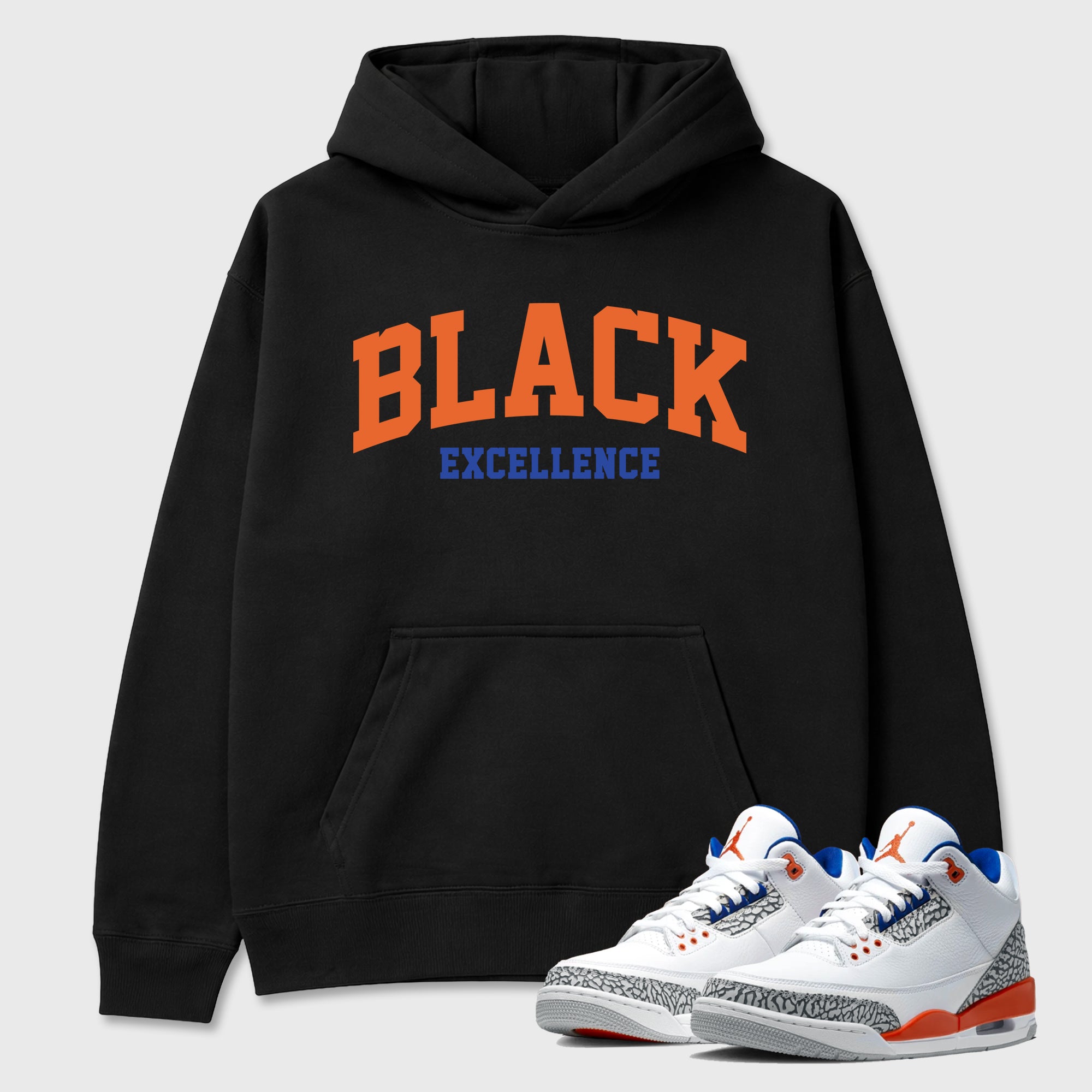 Varsity Black Excellence Graphic T-Shirt sneaker match tee designed for the Air Jordan 3 Knicks, featuring coordinated color options for a perfect streetwear match. Black 1 shirt.