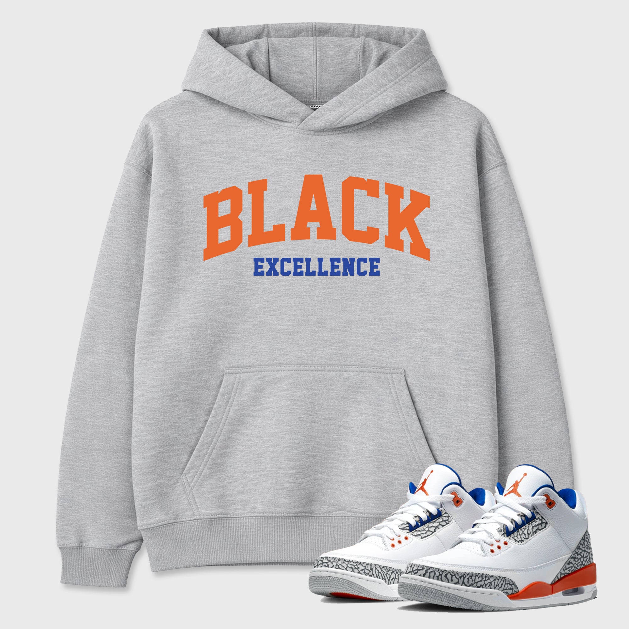 Varsity Black Excellence Graphic T-Shirt sneaker match tee designed for the Air Jordan 3 Knicks, featuring coordinated color options for a perfect streetwear match. Heather Grey 1 shirt.