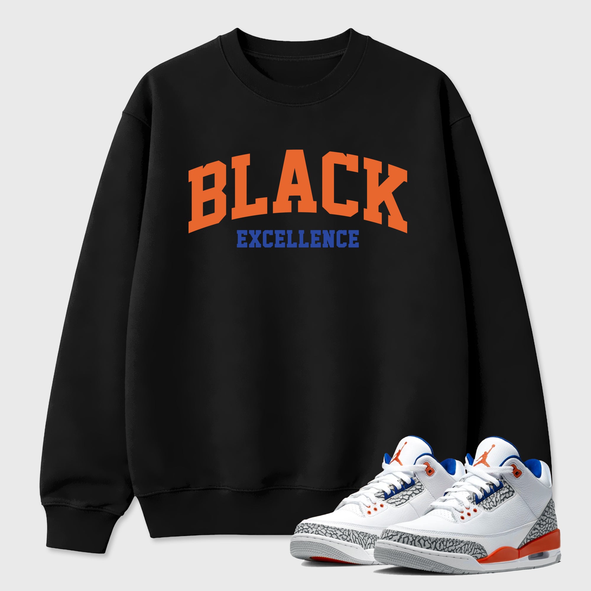 Varsity Black Excellence Graphic T-Shirt sneaker match tee designed for the Air Jordan 3 Knicks, featuring coordinated color options for a perfect streetwear match. Black 1 shirt.