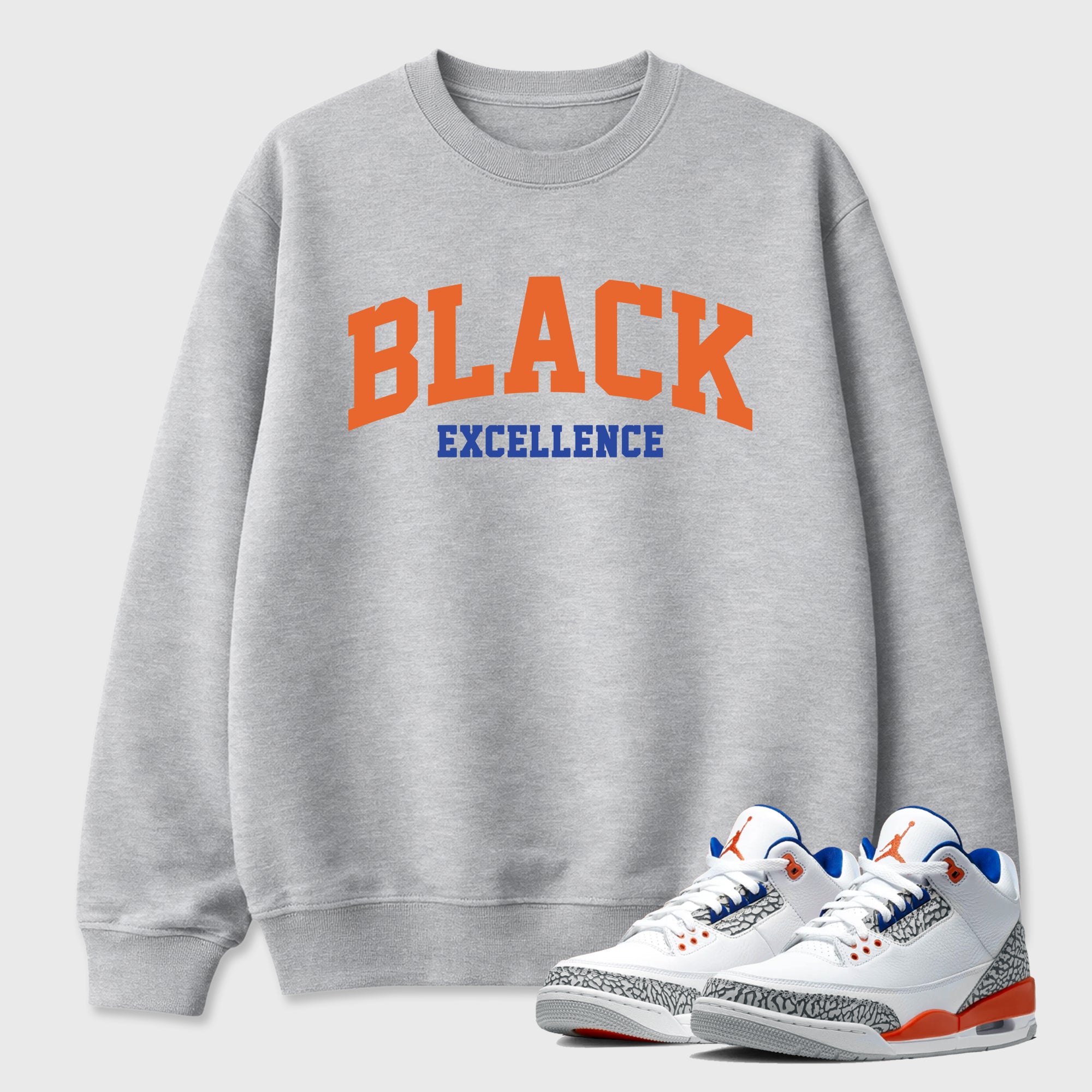 Varsity Black Excellence Graphic T-Shirt sneaker match tee designed for the Air Jordan 3 Knicks, featuring coordinated color options for a perfect streetwear match. Heather Grey 1 shirt.