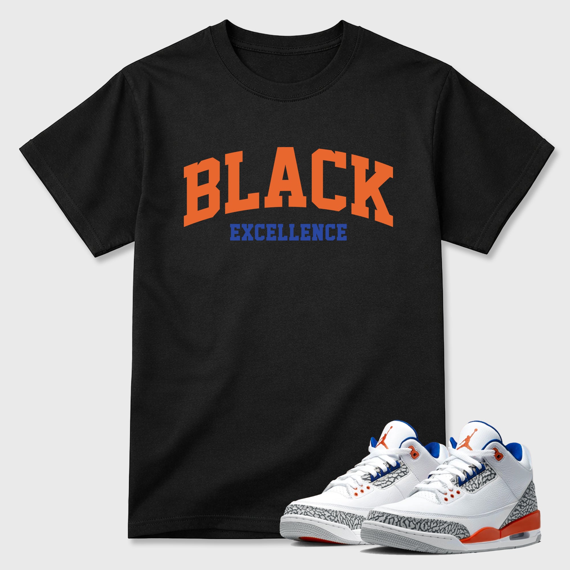 Varsity Black Excellence Graphic T-Shirt sneaker match tee designed for the Air Jordan 3 Knicks, featuring coordinated color options for a perfect streetwear match. Black 1 shirt.
