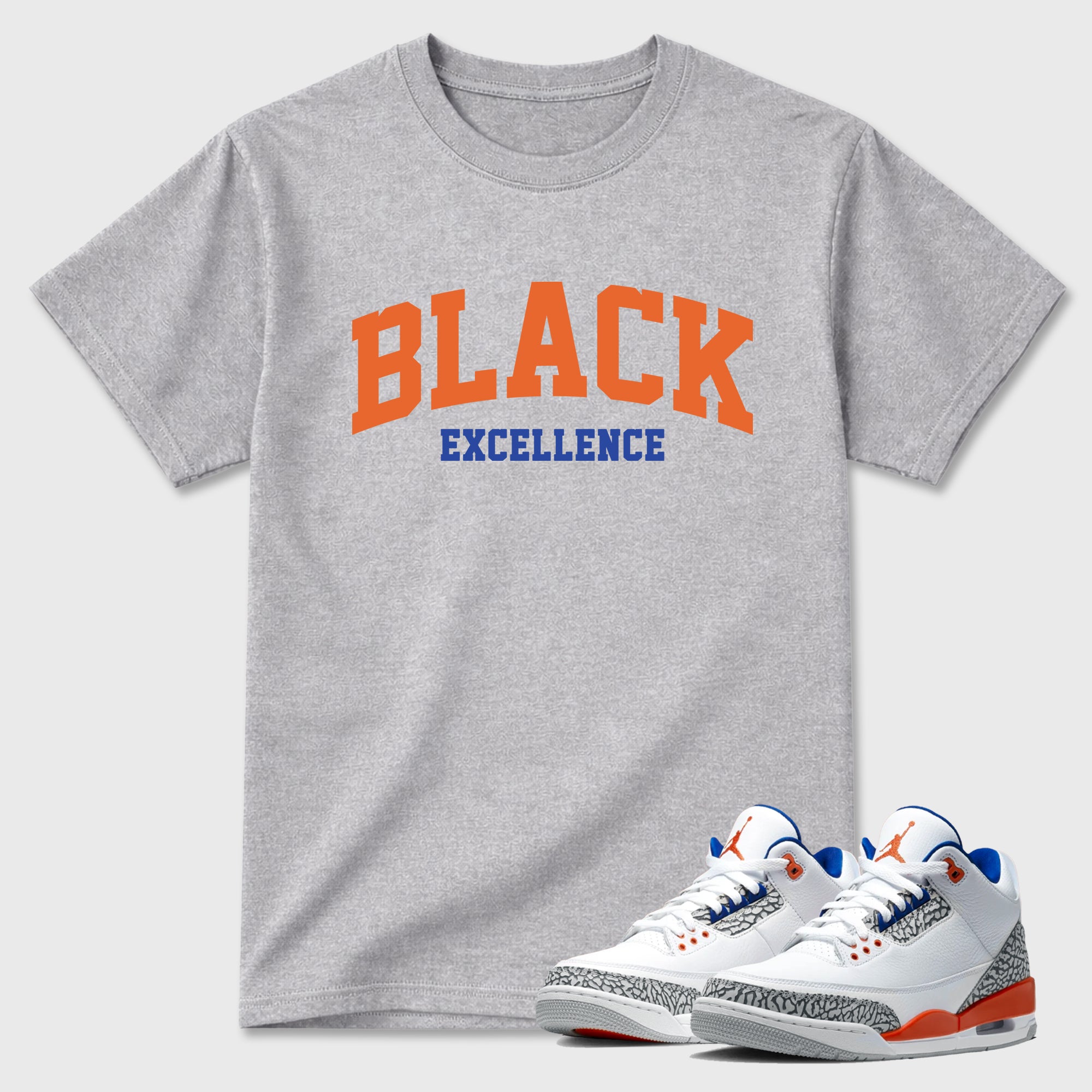 Varsity Black Excellence Graphic T-Shirt sneaker match tee designed for the Air Jordan 3 Knicks, featuring coordinated color options for a perfect streetwear match. Heather Grey 1 shirt.