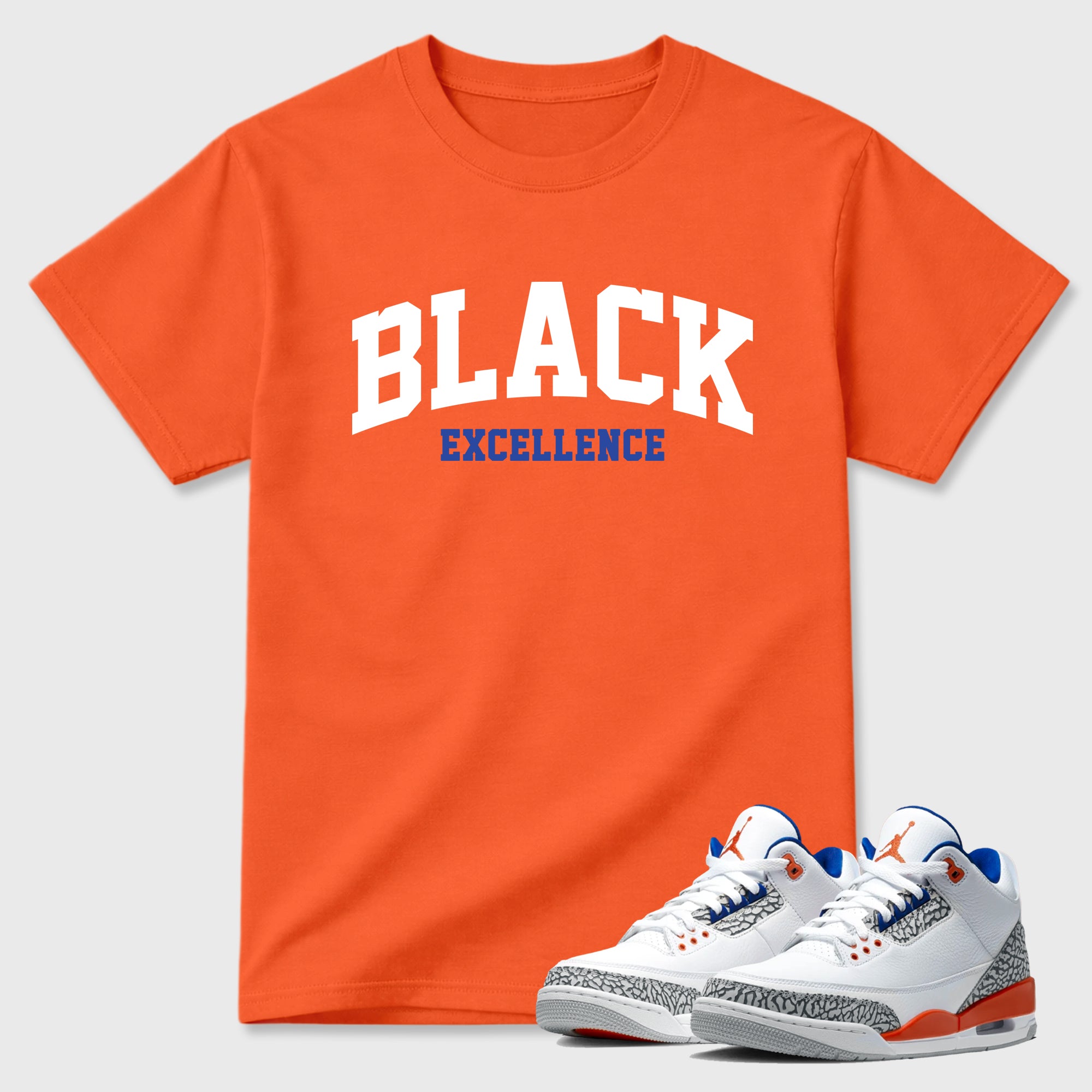 Varsity Black Excellence Graphic T-Shirt sneaker match tee designed for the Air Jordan 3 Knicks, featuring coordinated color options for a perfect streetwear match. Orange 1 shirt.