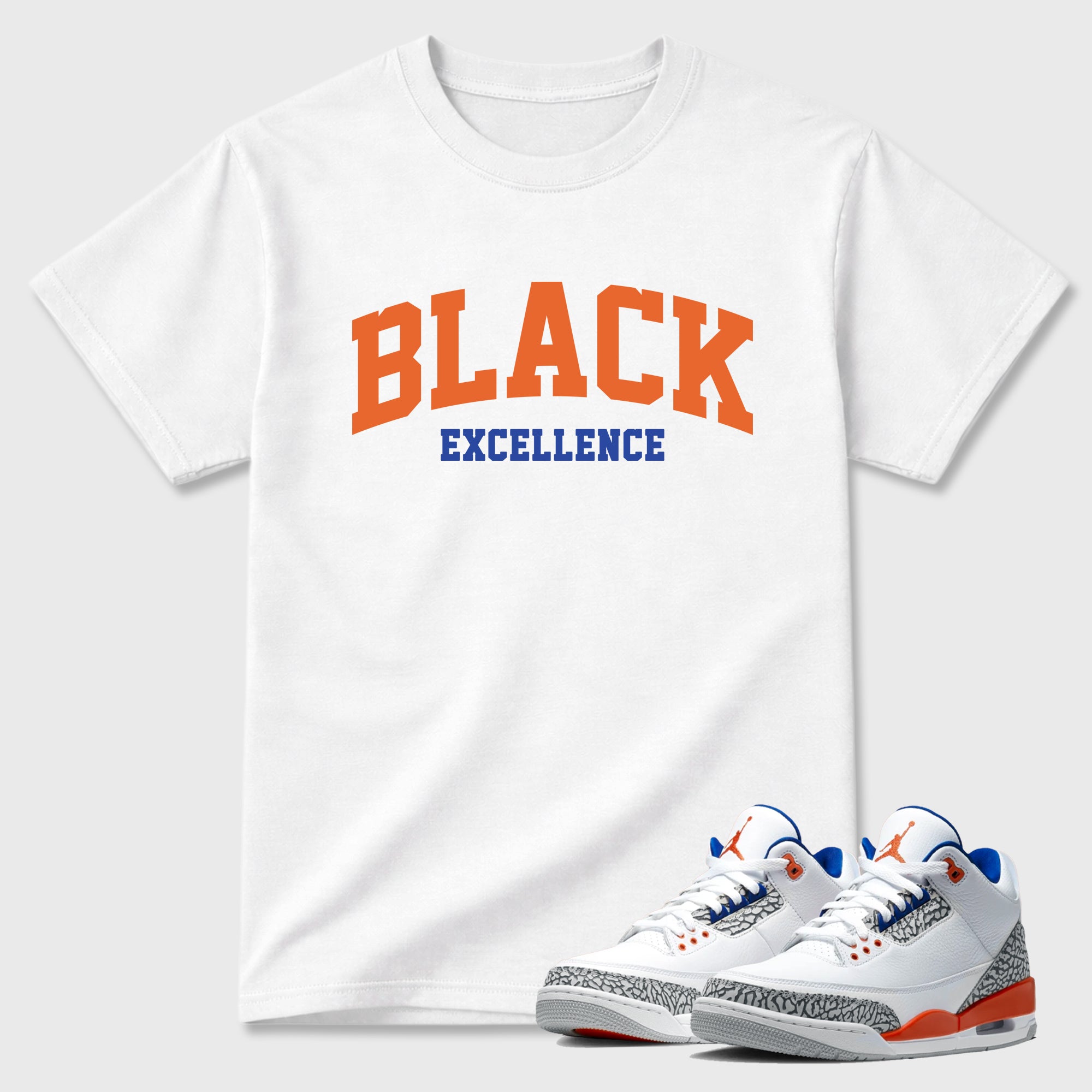 Varsity Black Excellence Graphic T-Shirt sneaker match tee designed for the Air Jordan 3 Knicks, featuring coordinated color options for a perfect streetwear match. White 1 shirt.