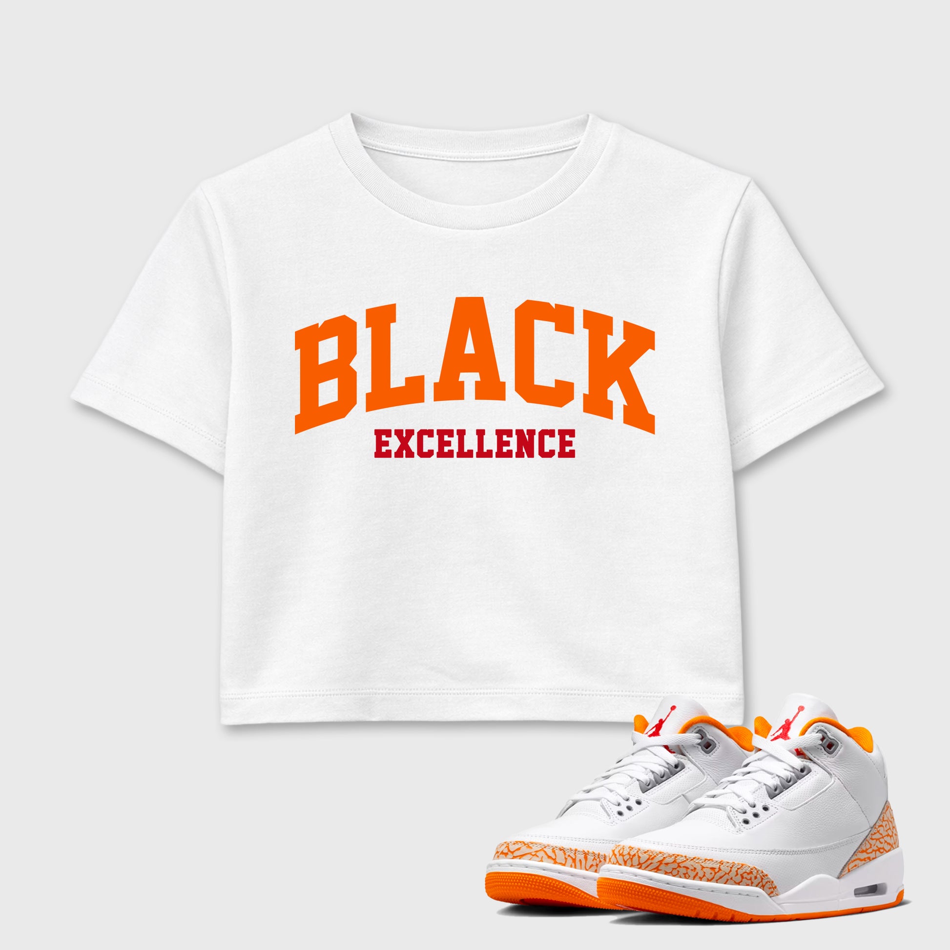 Sneaker match tees – Sneaker Tees To Match Air Jordan 3 Orange Citrus Shoes – Varsity Black Excellence Crop T-Shirt White 1