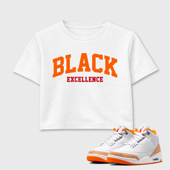 Sneaker match tees – Sneaker Tees To Match Air Jordan 3 Orange Citrus Shoes – Varsity Black Excellence Crop T-Shirt White 1