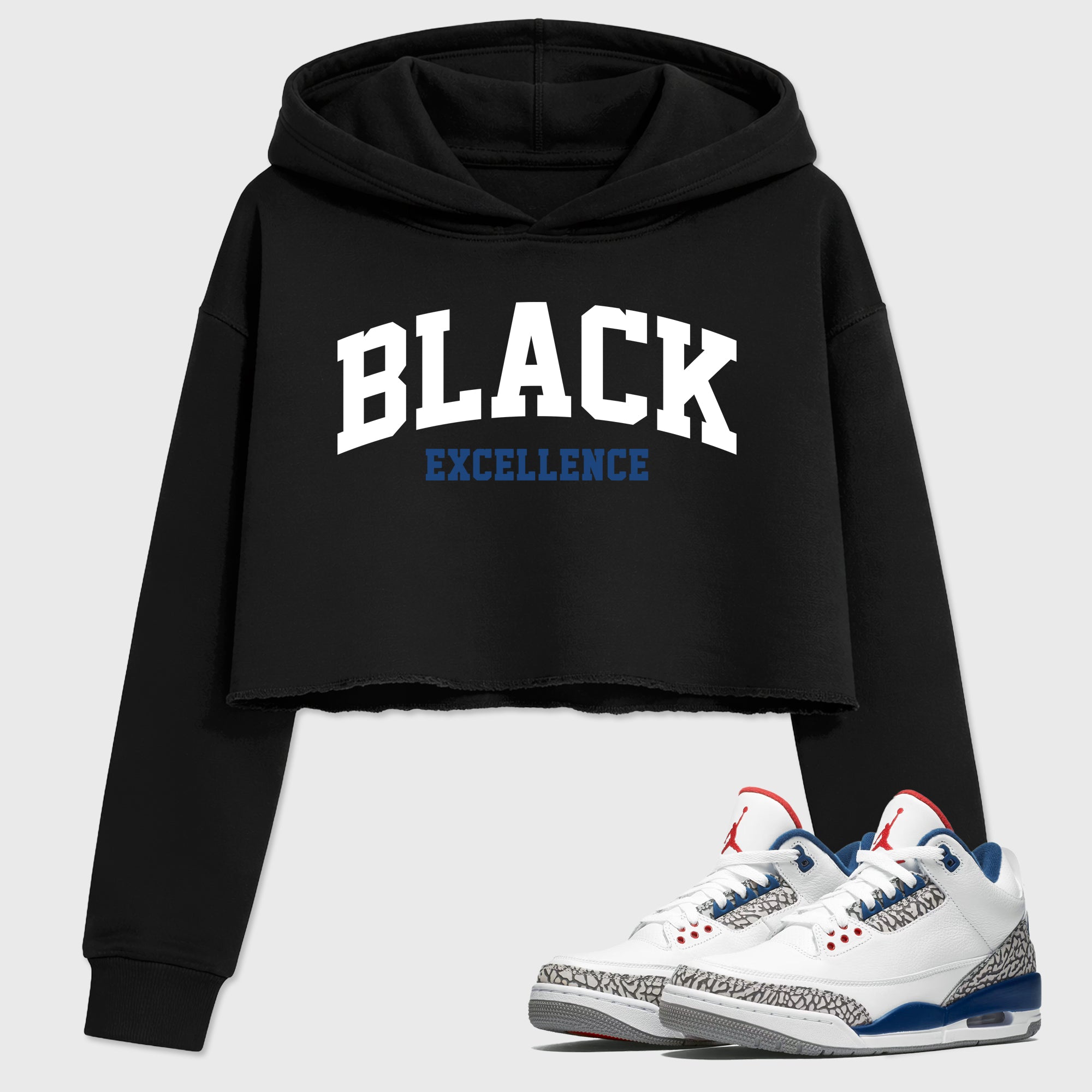 Varsity Black Excellence Women’s Graphic Crop Tee featuring original streetwear artwork designed to match the Air Jordan 3 True Blue. Black 1 Crop Tee.