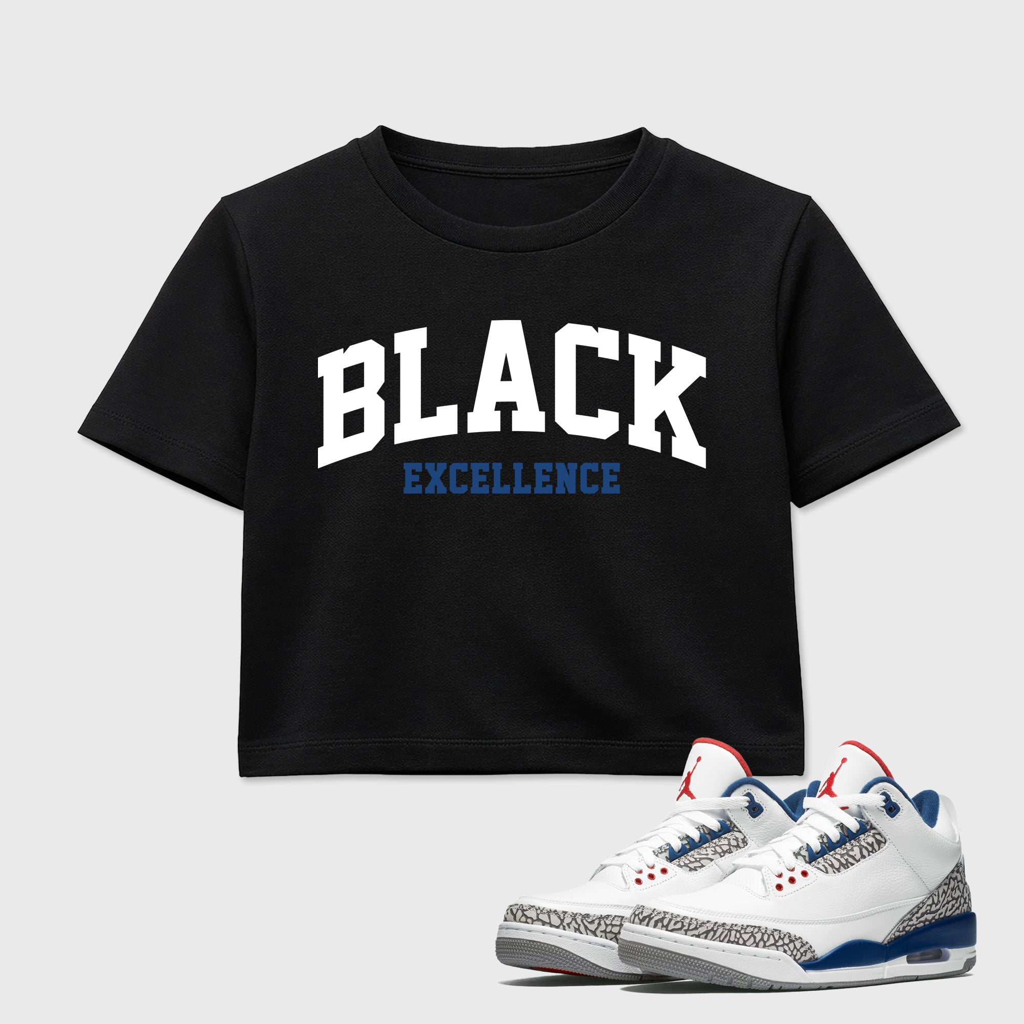 Varsity Black Excellence women’s crop tee designed to match the Air Jordan 3 True Blue, featuring coordinated Black 1 options for a perfect streetwear vibe.
