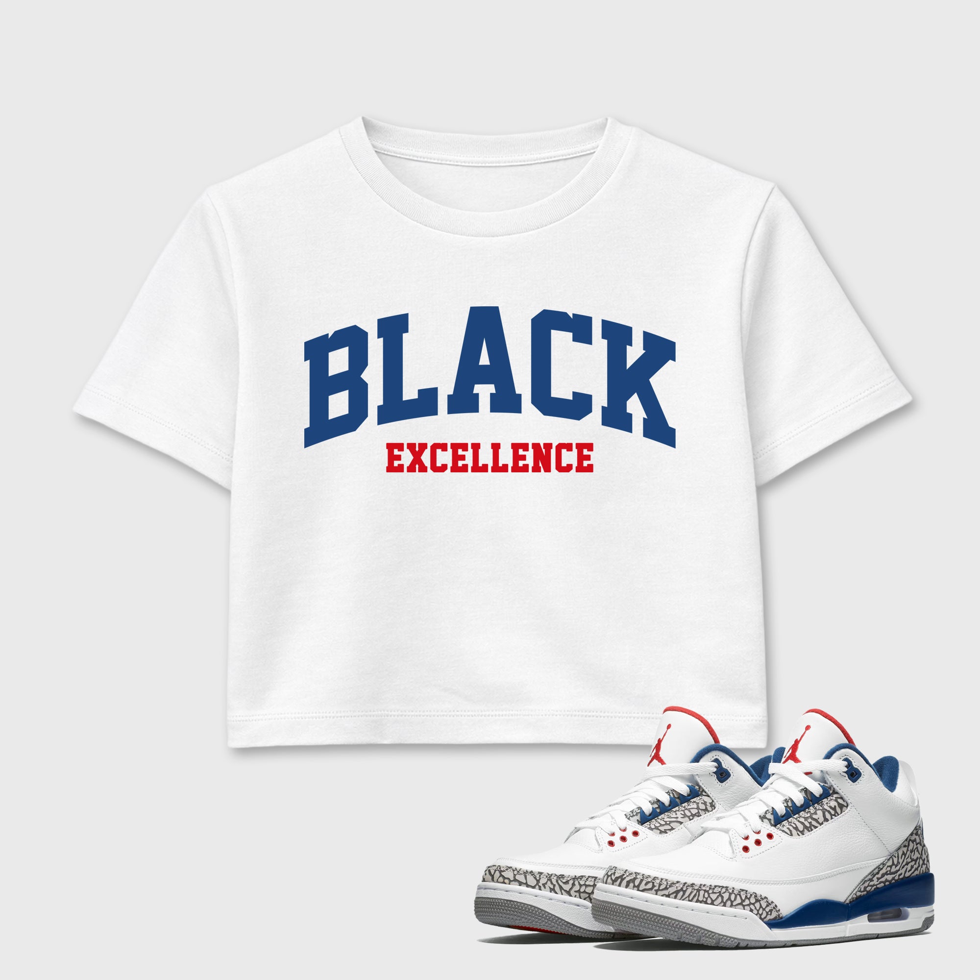 Varsity Black Excellence women’s crop tee designed to match the Air Jordan 3 True Blue, featuring coordinated White 1 options for a perfect streetwear vibe.
