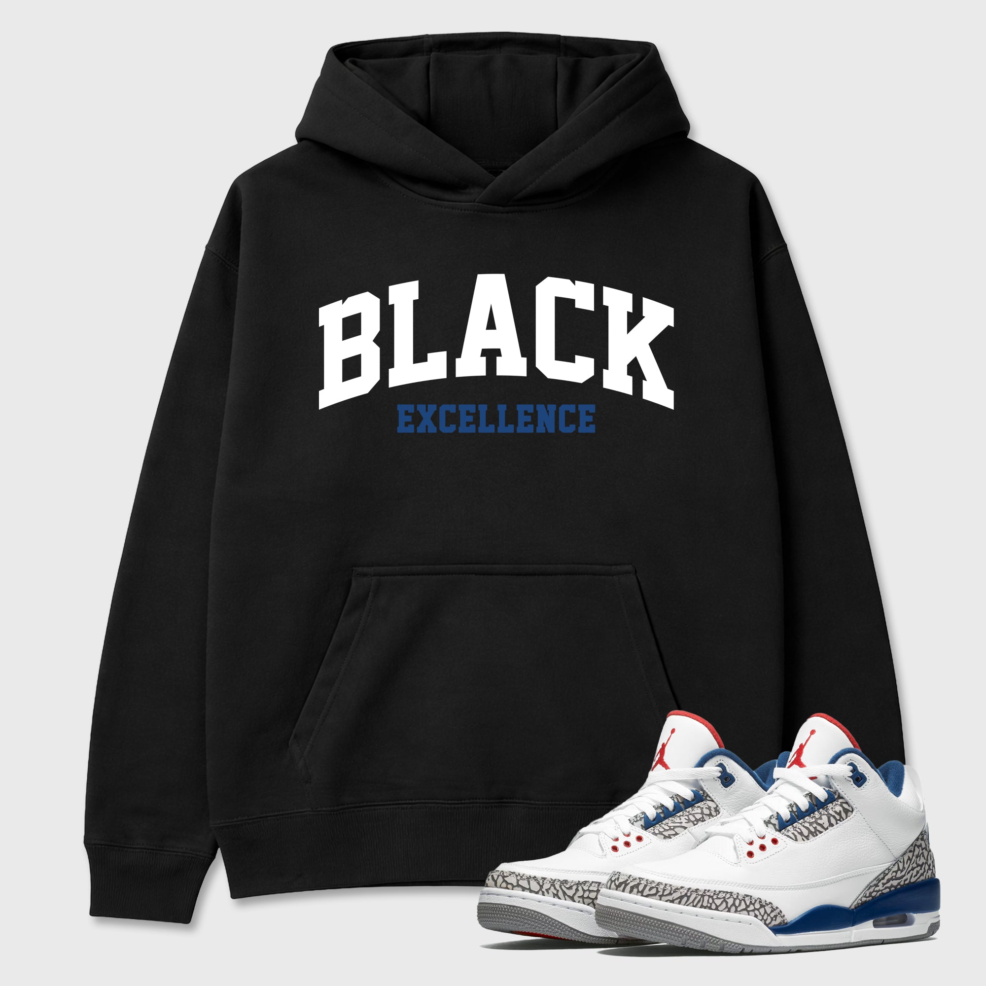 Varsity Black Excellence Graphic T-Shirt featuring original streetwear artwork designed to match the Air Jordan 3 True Blue. Black 1 Graphic Tee.