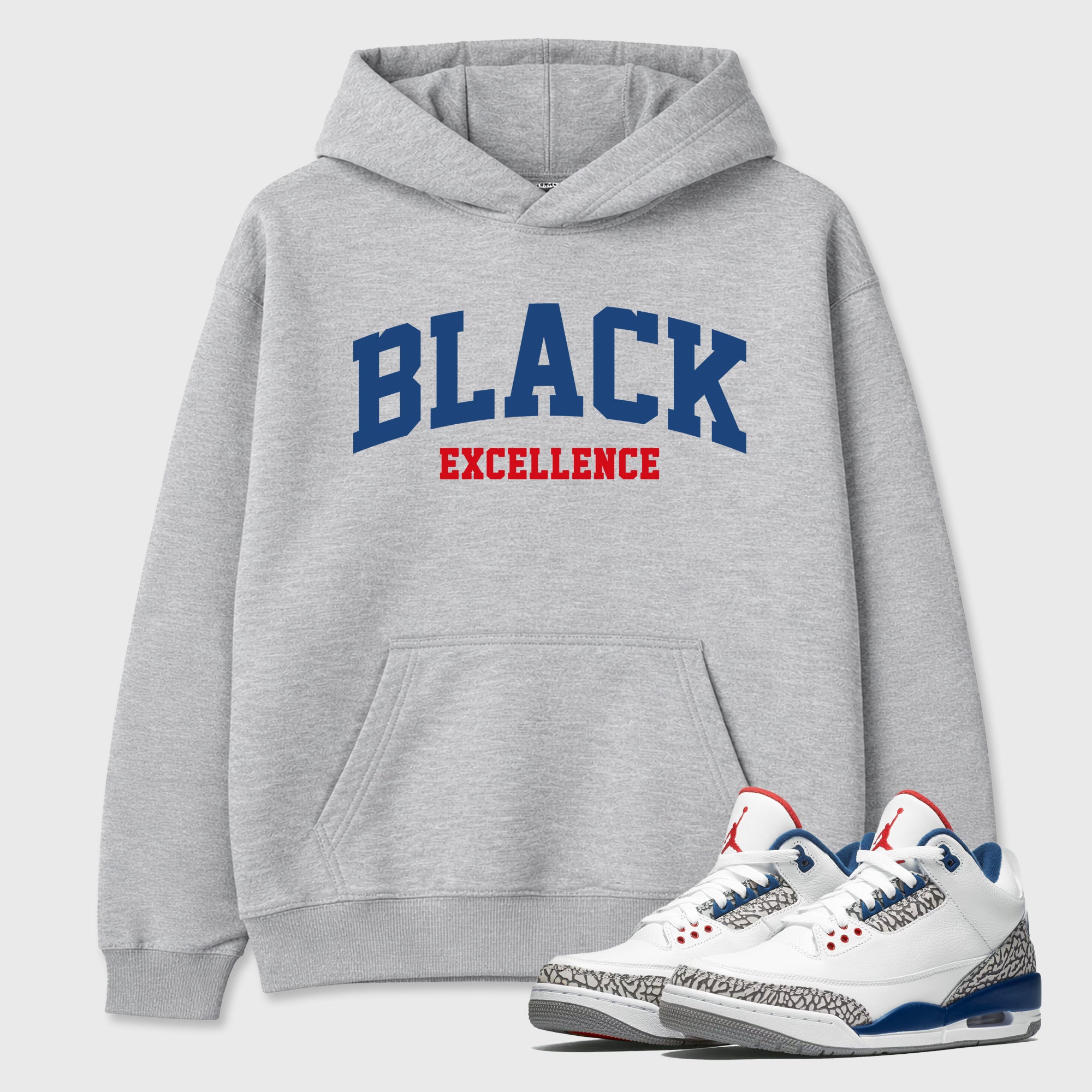 Varsity Black Excellence Graphic T-Shirt featuring original streetwear artwork designed to match the Air Jordan 3 True Blue. Heather Grey 1 Graphic Tee.