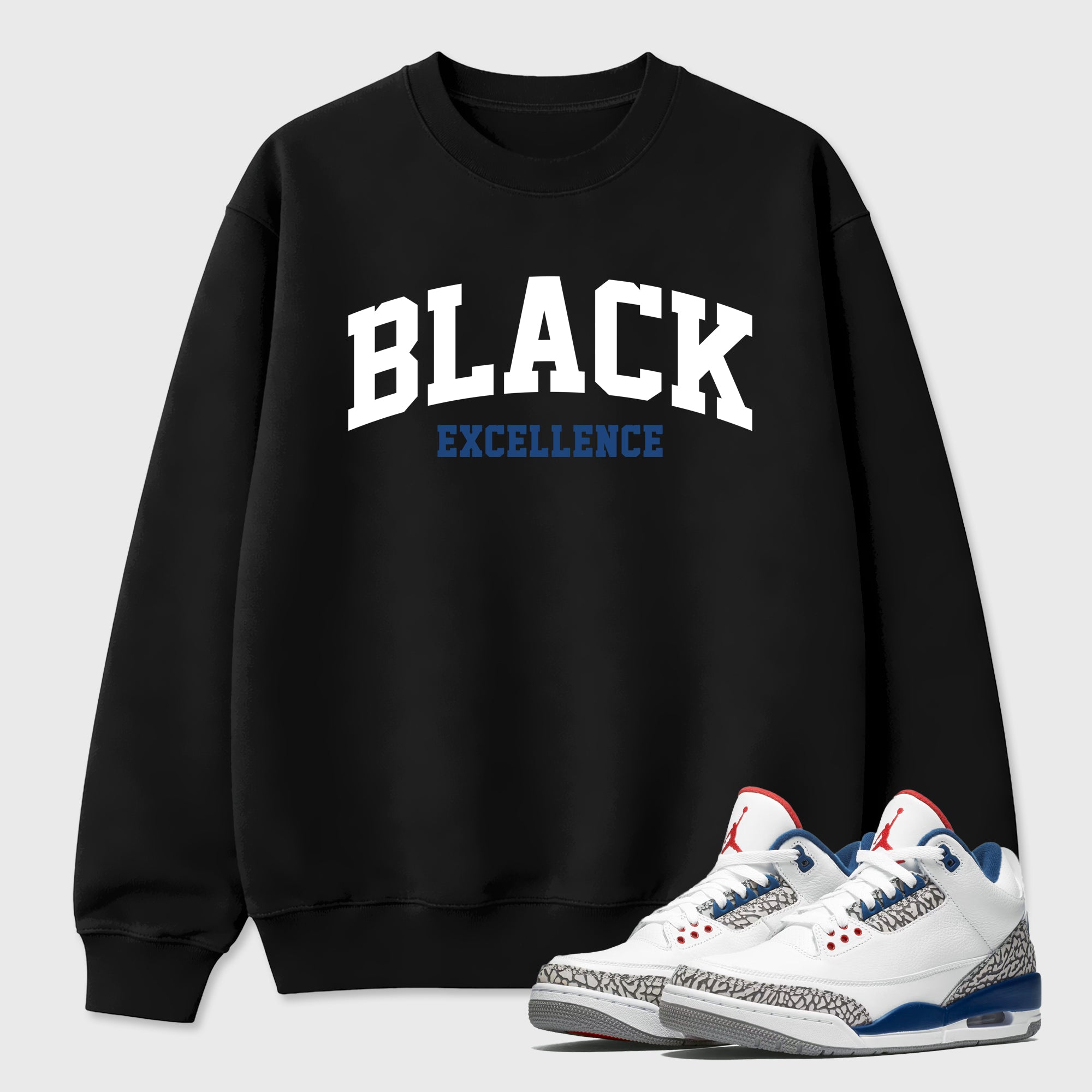 Varsity Black Excellence Graphic T-Shirt featuring original streetwear artwork designed to match the Air Jordan 3 True Blue. Black 1 Graphic Tee.
