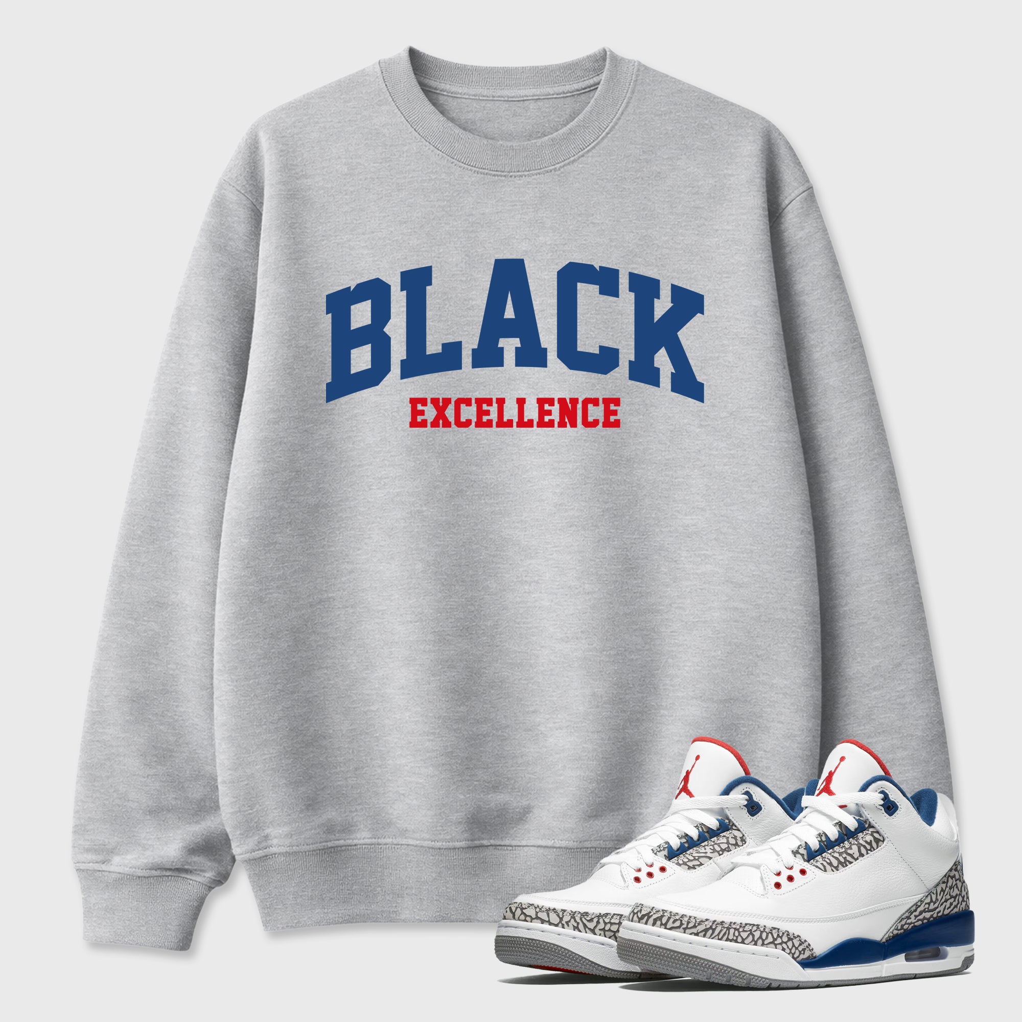 Varsity Black Excellence Graphic T-Shirt featuring original streetwear artwork designed to match the Air Jordan 3 True Blue. Heather Grey 1 Graphic Tee.
