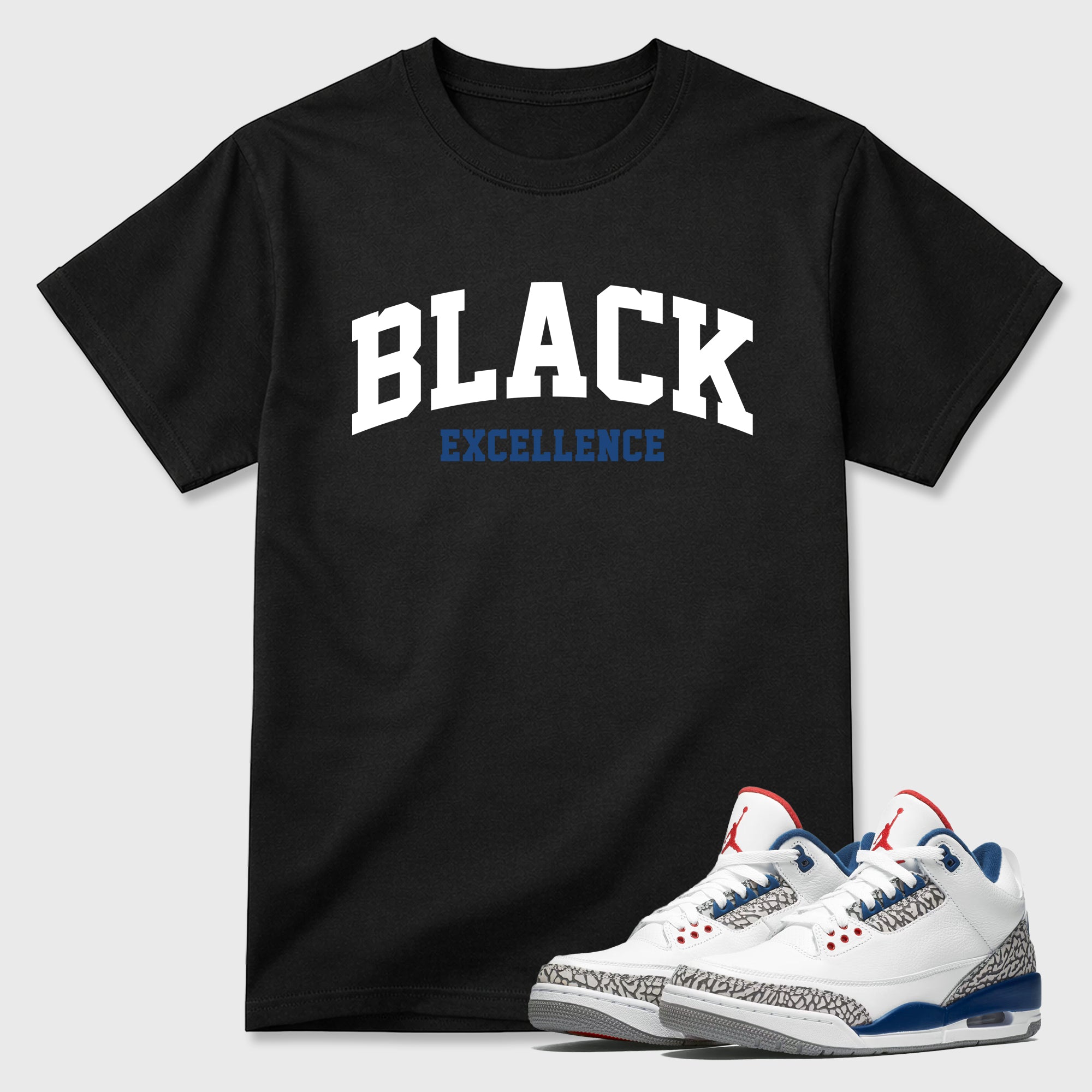 Varsity Black Excellence Graphic T-Shirt featuring original streetwear artwork designed to match the Air Jordan 3 True Blue. Black 1 Graphic T-Shirt.