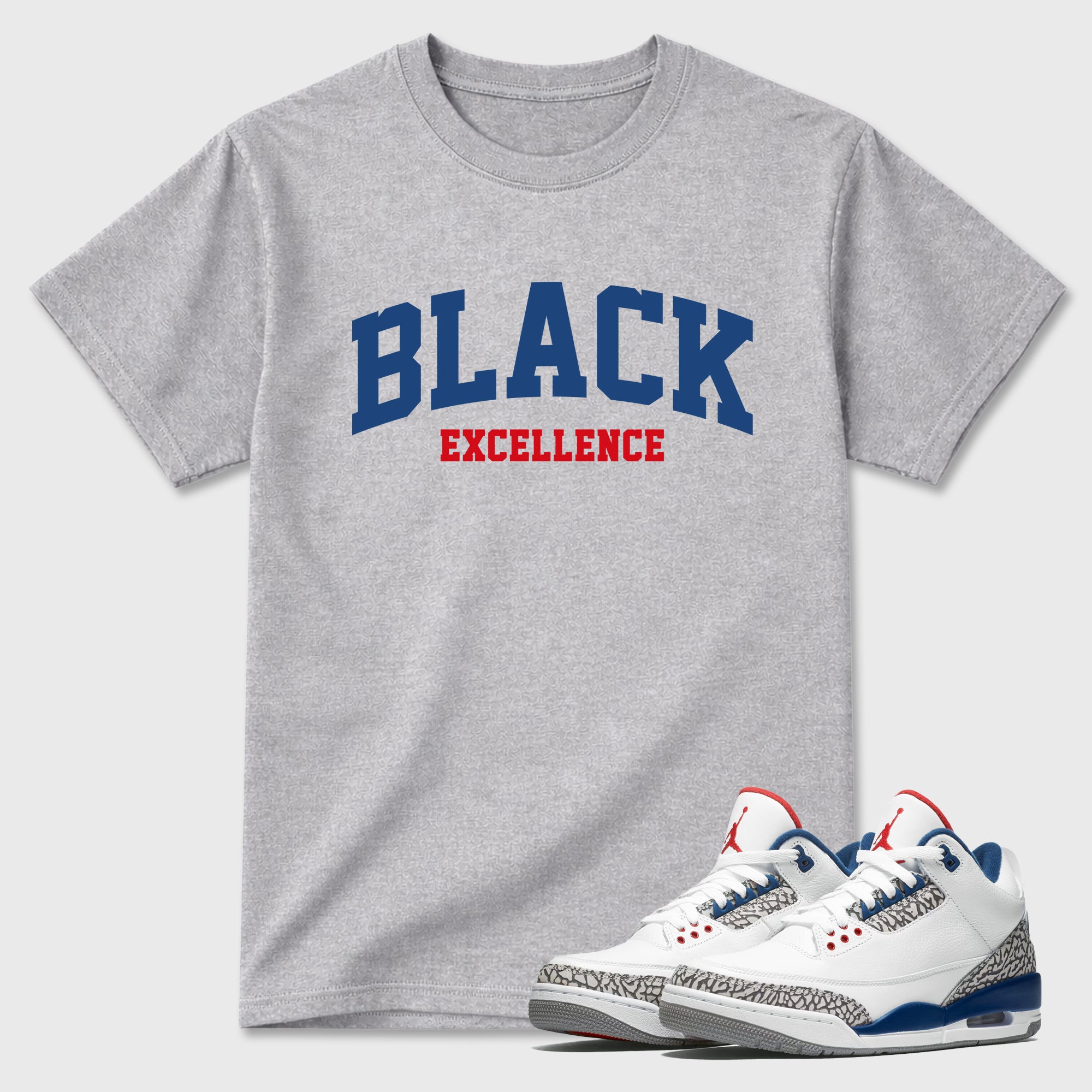 Varsity Black Excellence Graphic T-Shirt featuring original streetwear artwork designed to match the Air Jordan 3 True Blue. Heather Grey 1 Graphic T-Shirt.